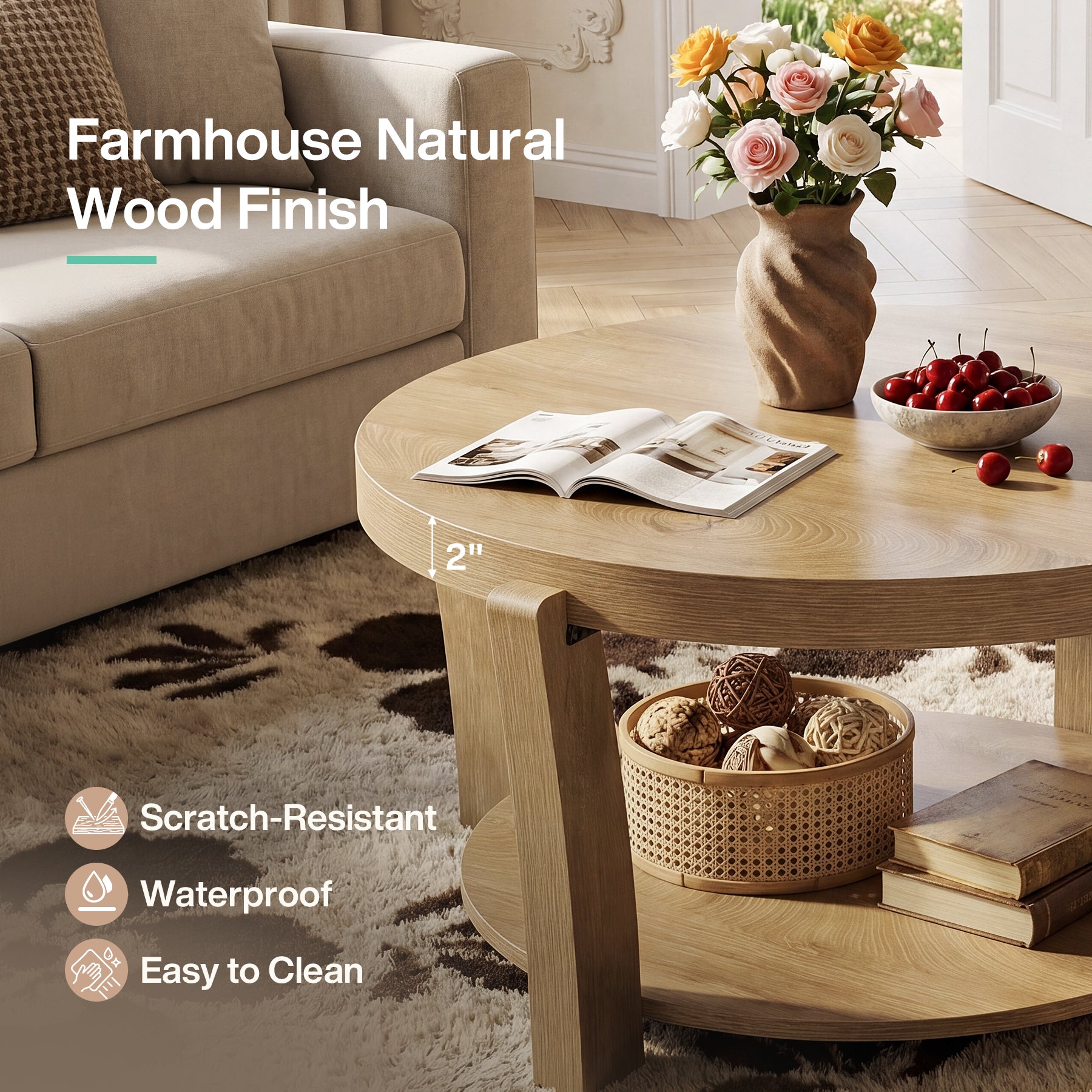 31.5" Round Coffee Table, Farmhouse Center Table with Storage, Easy Assembly