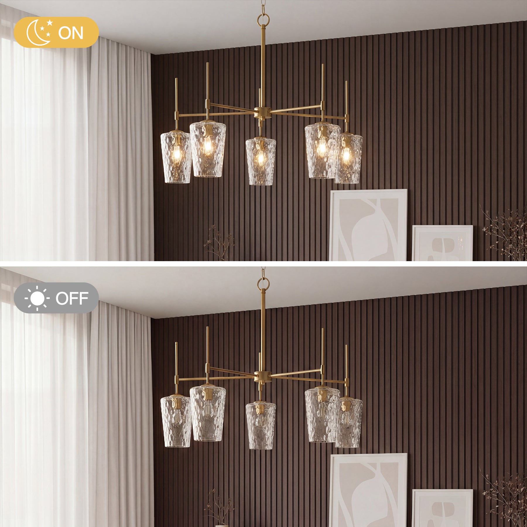 5-Light Chandelier, Modern Pendant Light with Water Ripple Wine Glass Shades