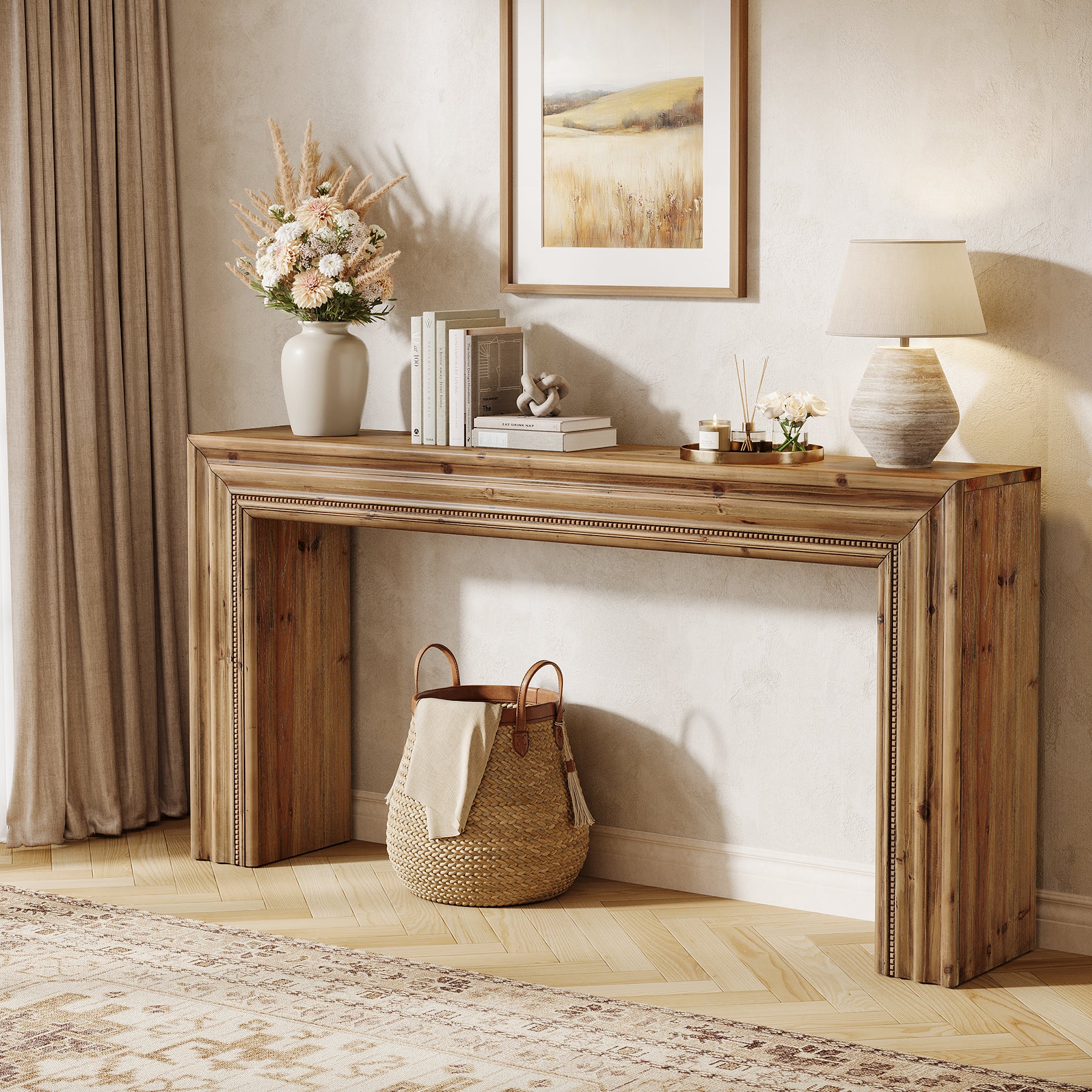 63" Solid Wood Console Table, Narrow Sofa Table Behind Couch with Sculpted Edge