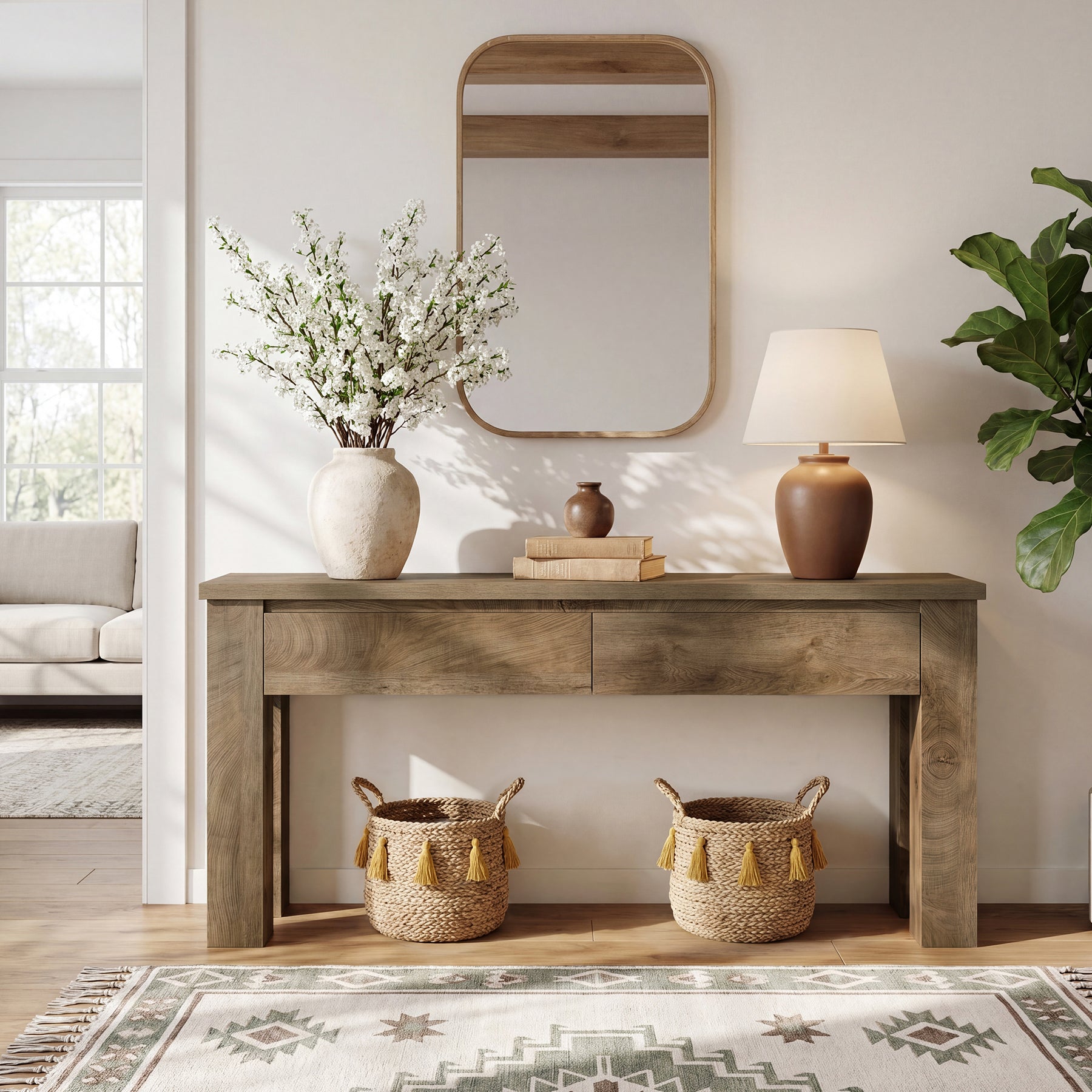 63" Console Table with 2 Drawers, Farmhouse Entryway Sofa Table Behind Couch