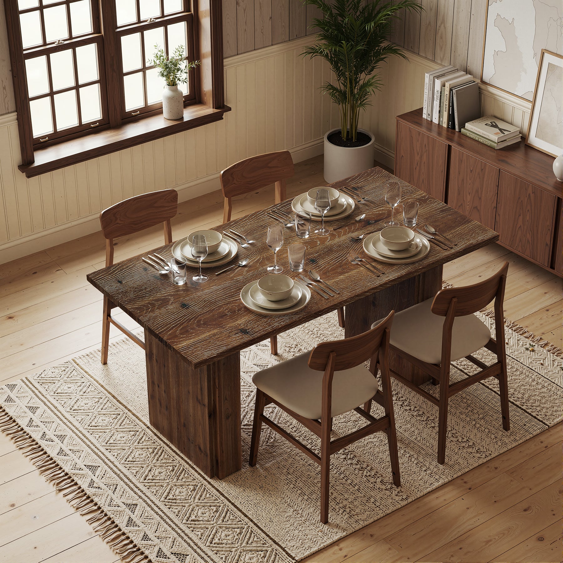 63” Solid Wood Farmhouse Dining Table for 4–6, Rectangular Kitchen Table with Pedestal Base