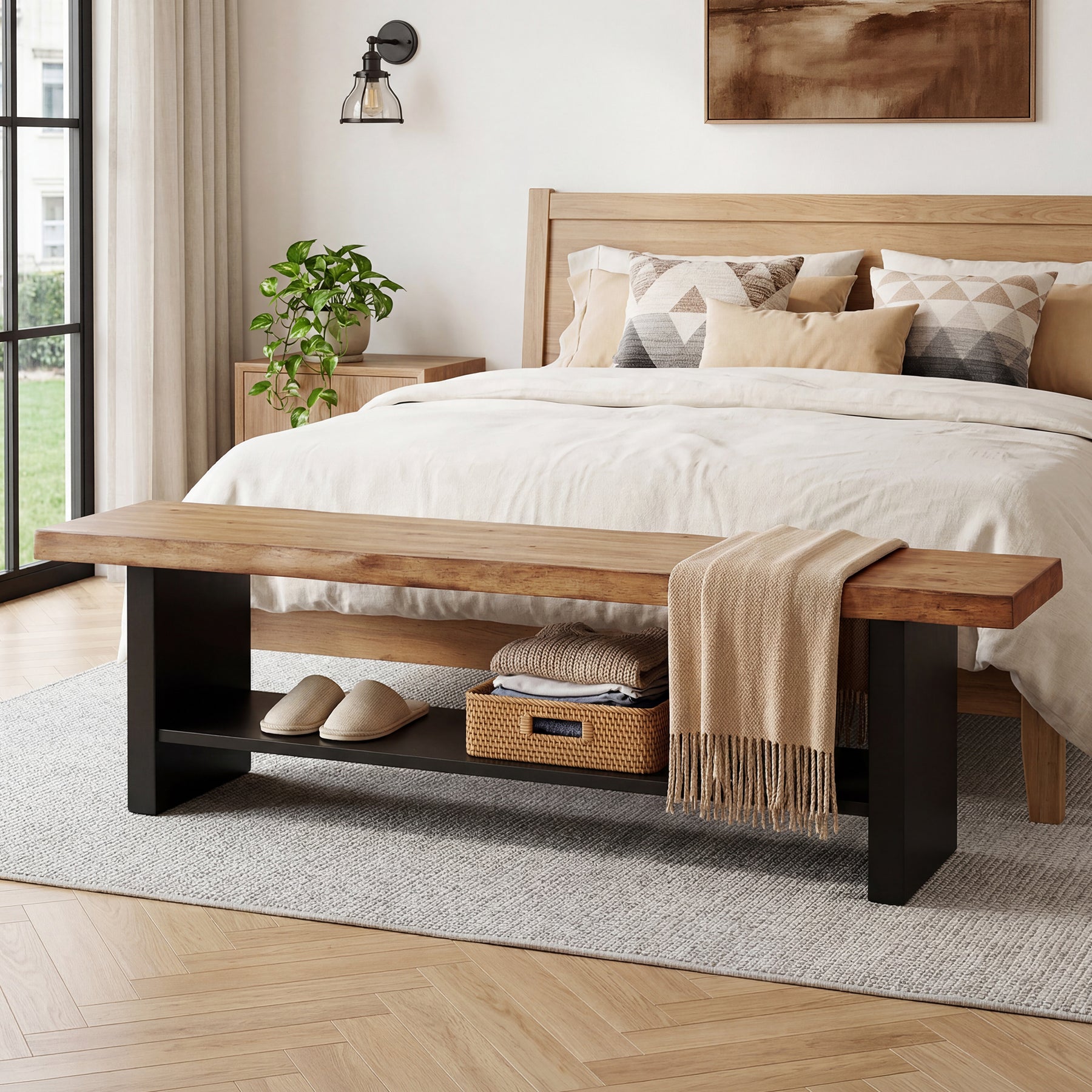 55" Solid Wood Entryway Bench, 2-Tier Farmhouse Bench with Shoe Storage