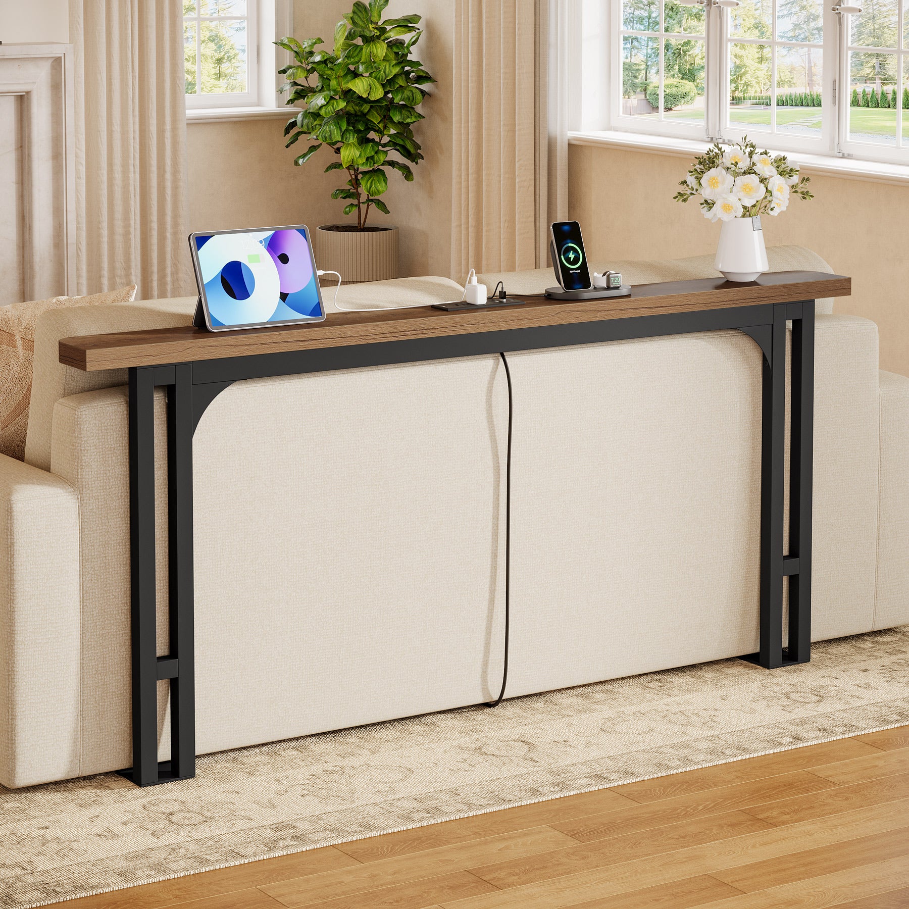 70.9" Narrow Console Table, Skinny Sofa Table with Power Outlet for Living Room