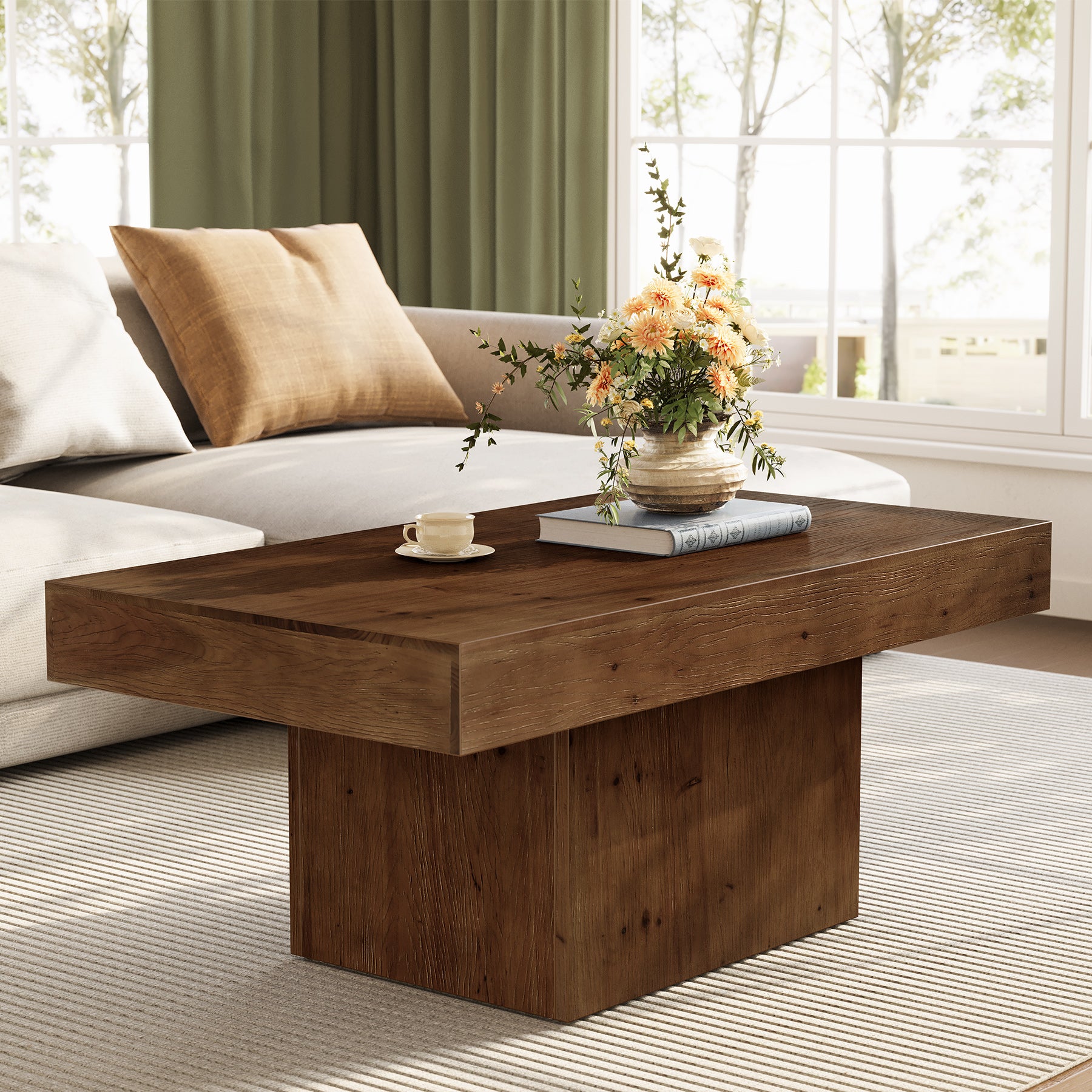 47.24" Solid Wood Coffee Table, Rectangle Center Table with Sturdy Pedestal