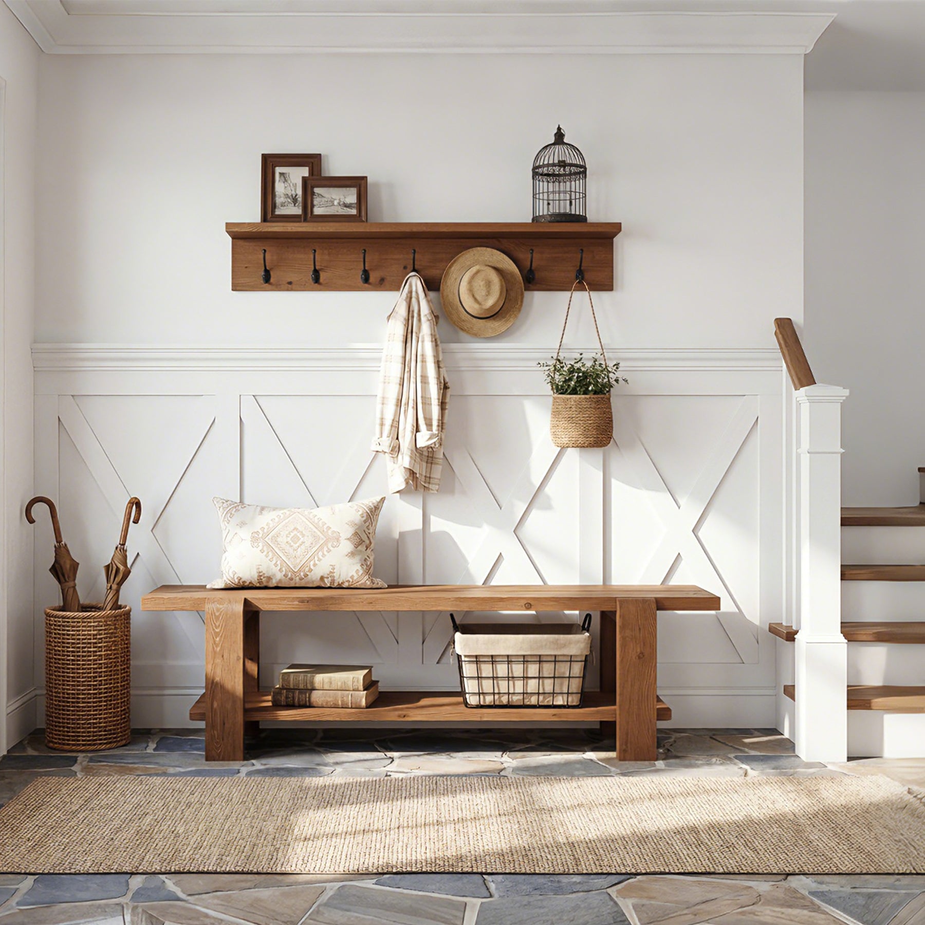 Tribesigns 63" Solid Wood Entryway Bench, Farmhouse Shoe Storage Bench for Hallway