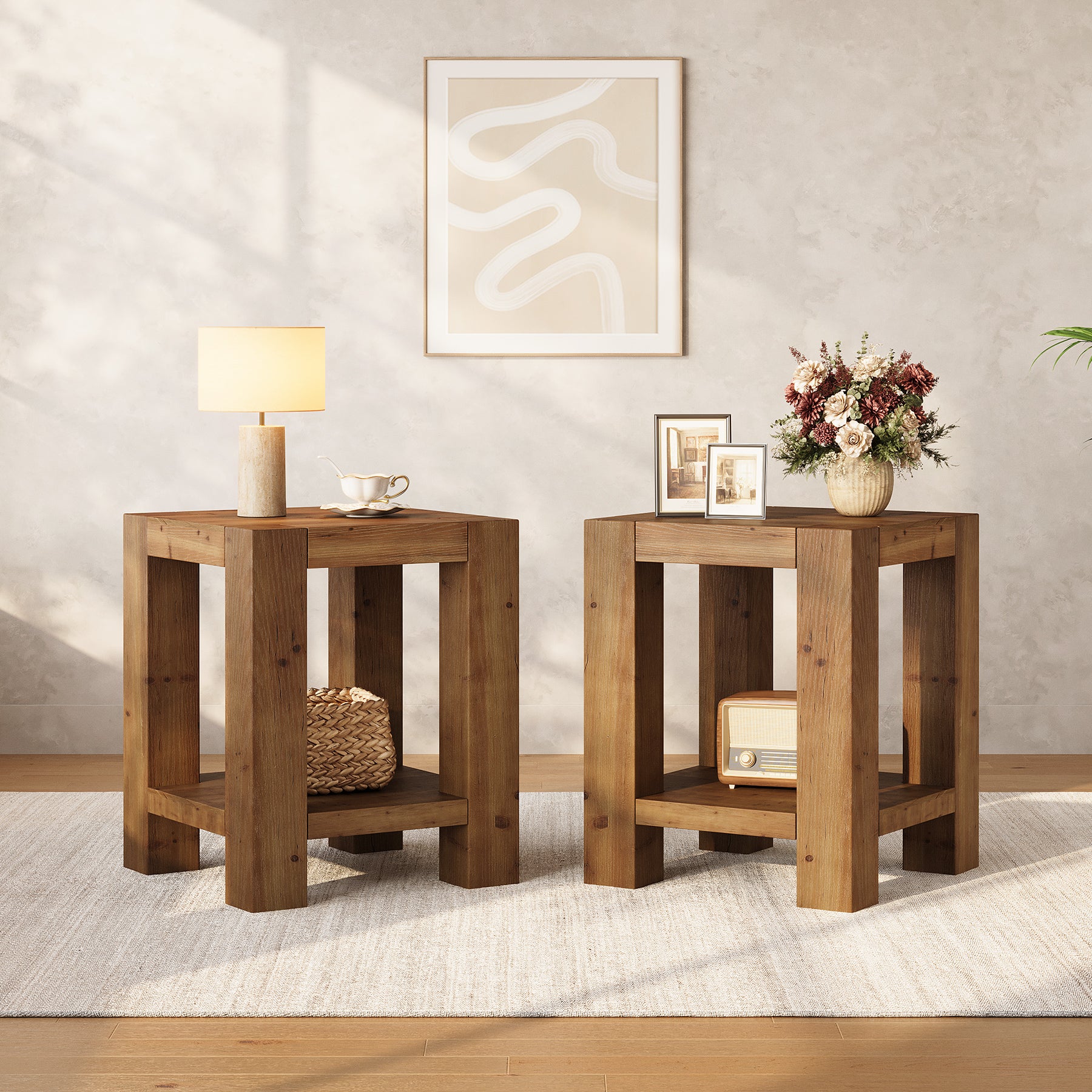 19.6" Farmhouse Side Table, Solid Wood 2-Tier End Table with Storage Shelves