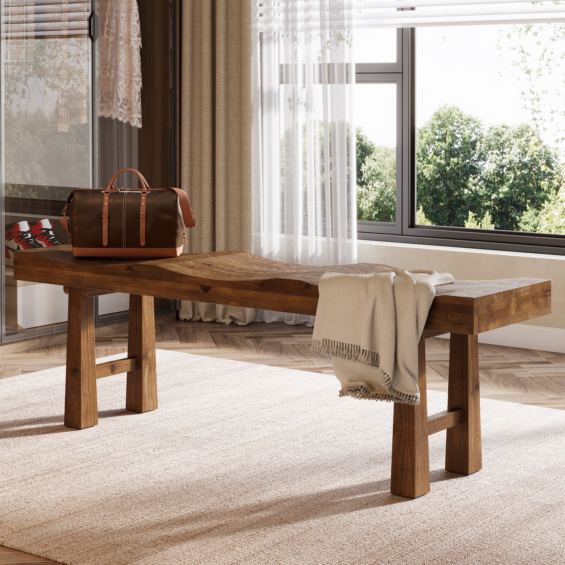 55" Entryway Bench, Solid Wood Storage Bench with Wave-Top Design for Foyer