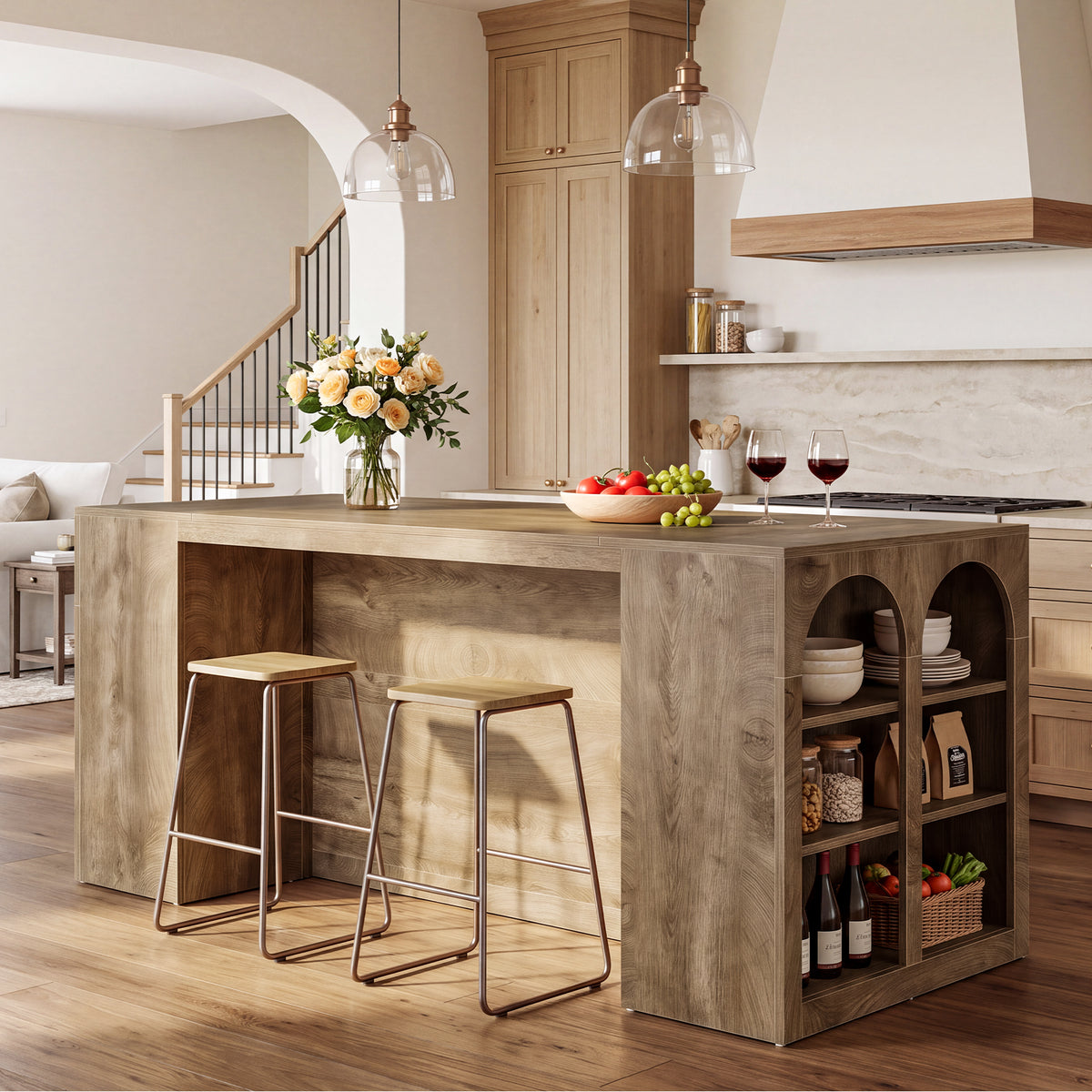 79" Kitchen Island Table with Seating Space, Farmhouse Arched Open Storage Shelves