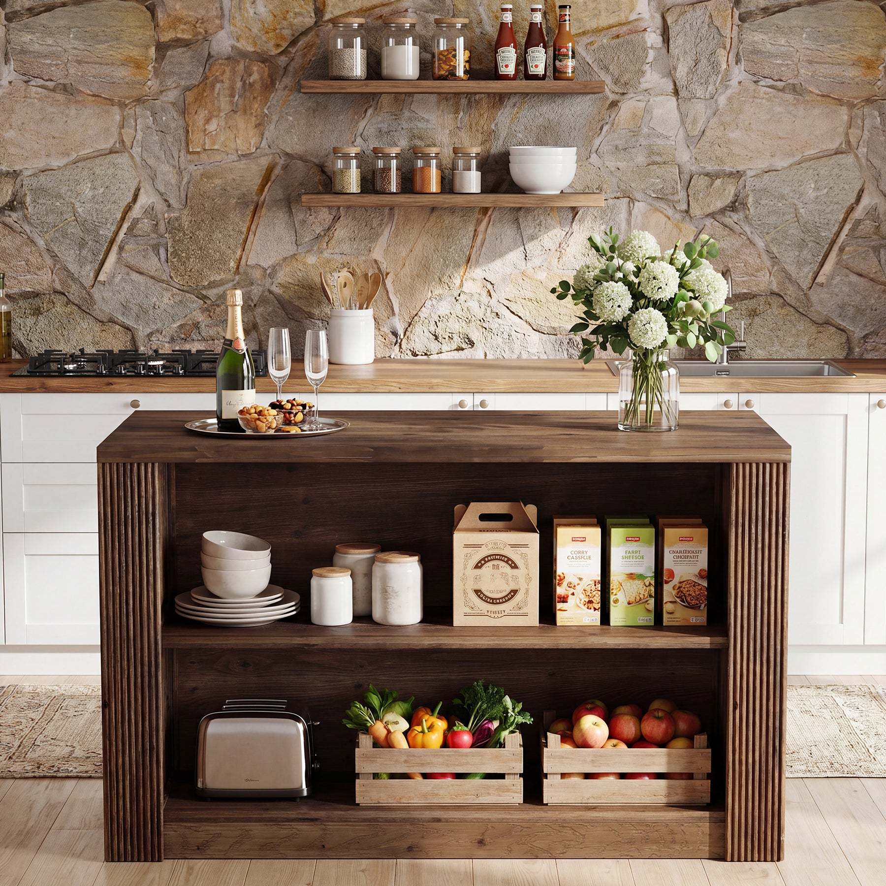 55" Kitchen Island Table, Solid Wood Stationary Storage Islands with 2-Tier Shelves