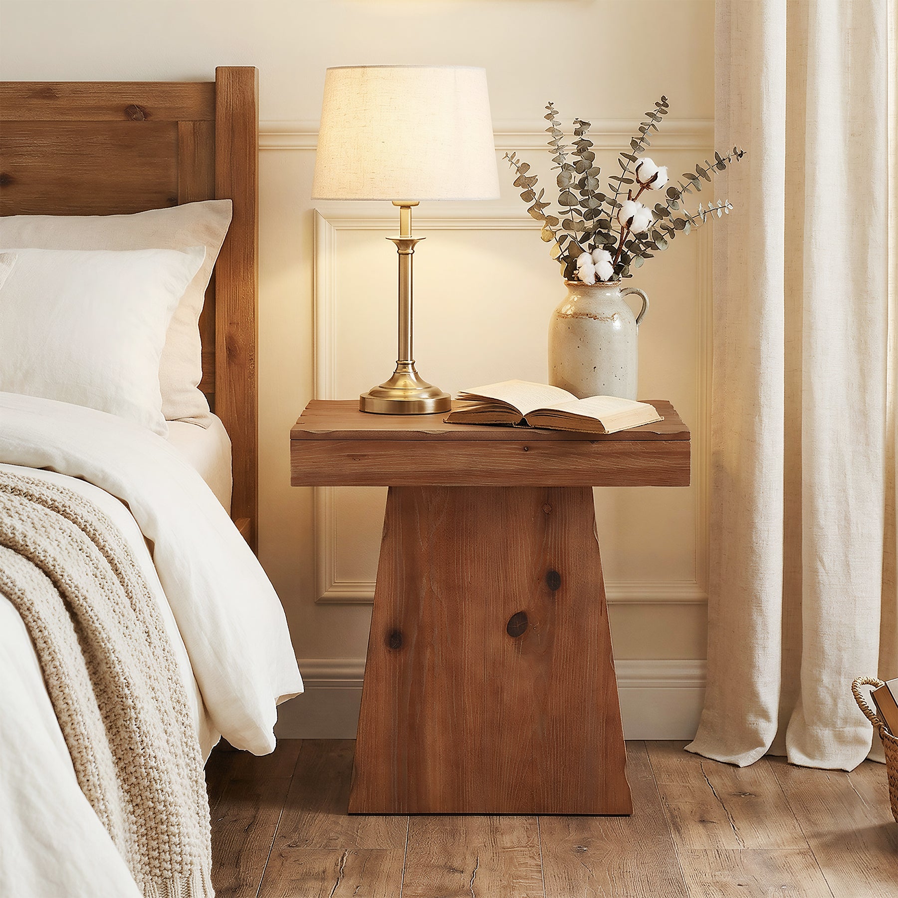 23.6-Inch Solid Wood End Table with Trapezoid Base, Small Walnut Side Taable for Living Room