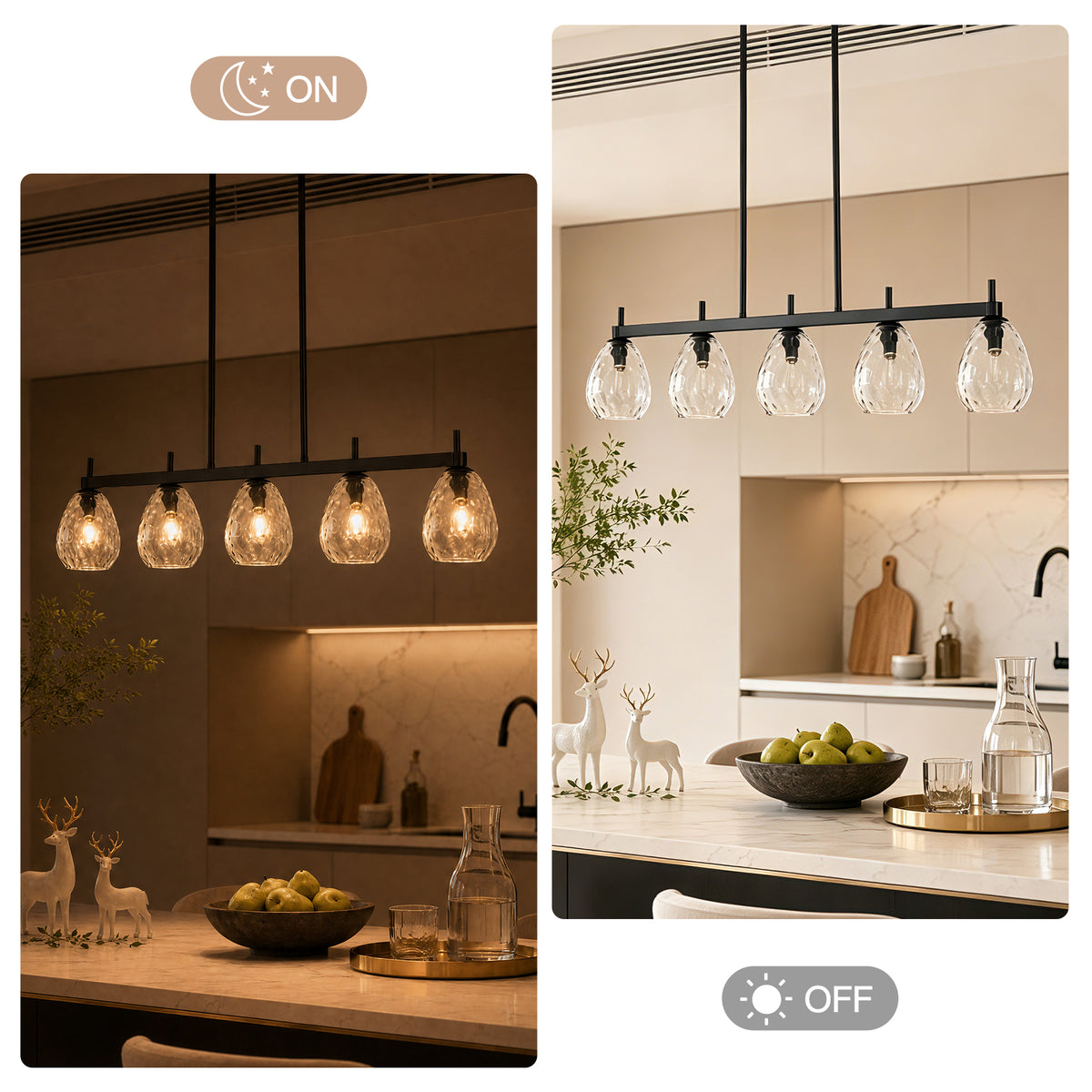 5-Light 41" Black Linear Pendant Light, Kitchen Island Light with Clear Glass Shade