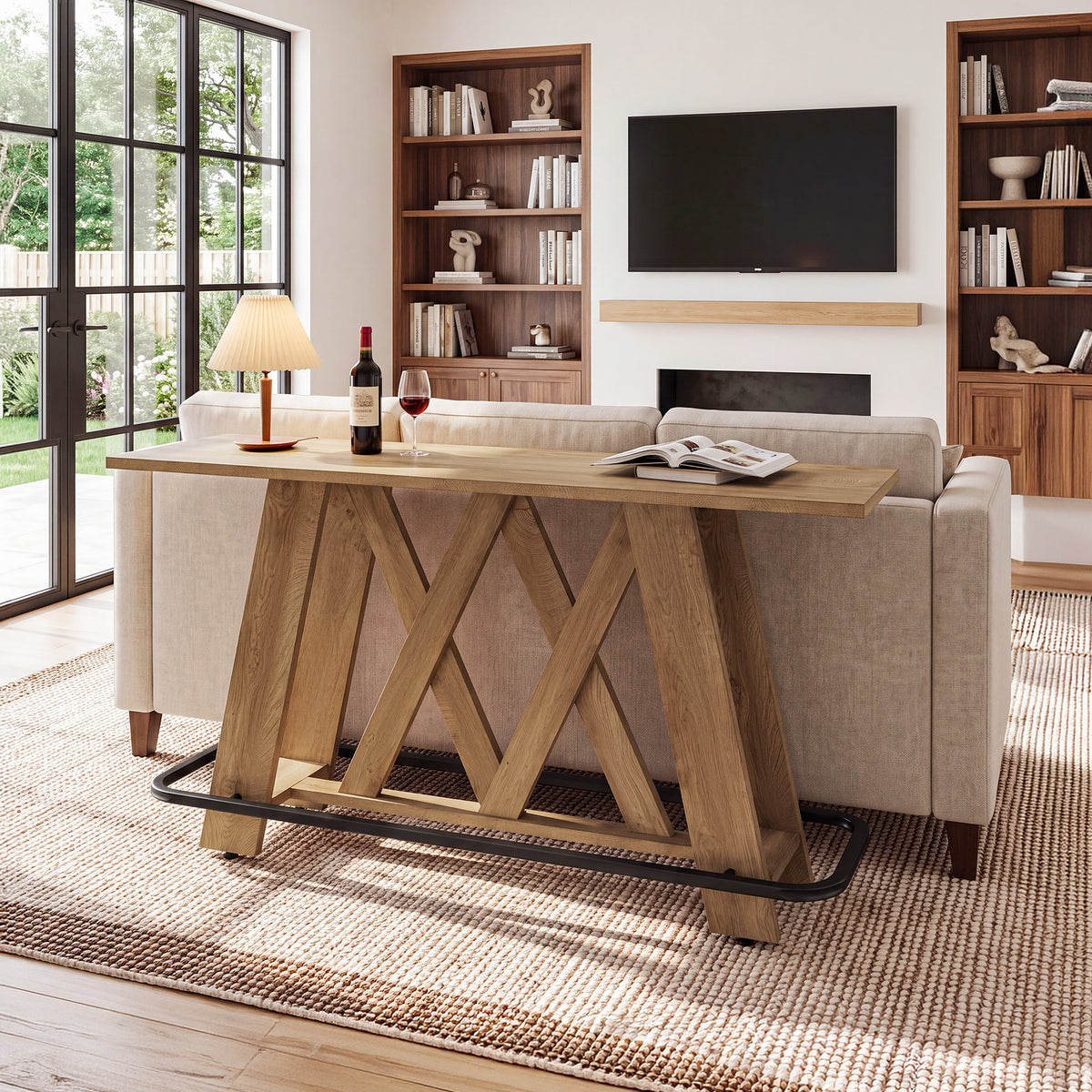 63" Bar Table with A-Frame Legs & Metal Footrest, Rustic Pub Table
