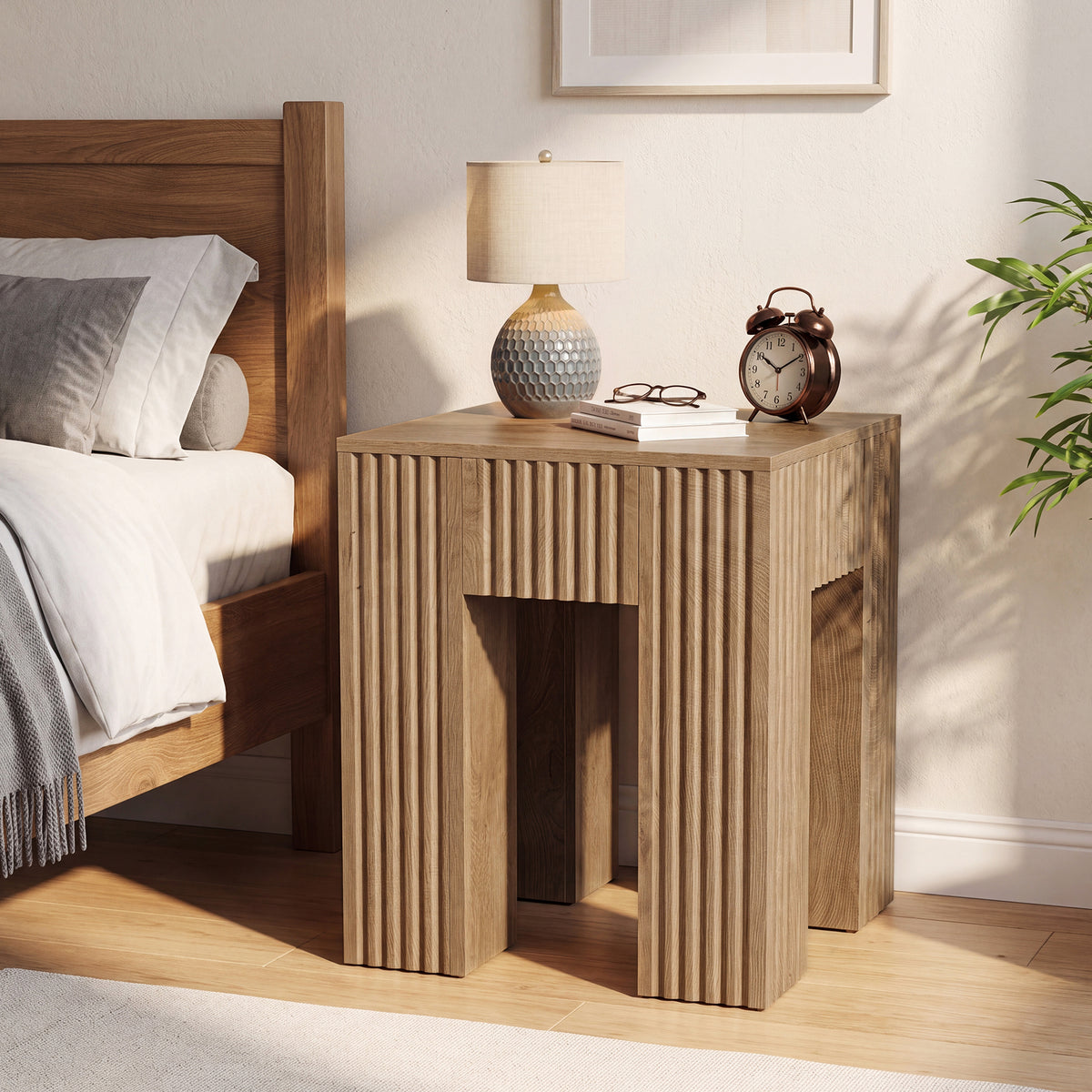 Square Fluted End Table, Farmhouse Side Table for Living Room, Bedside Nightstand