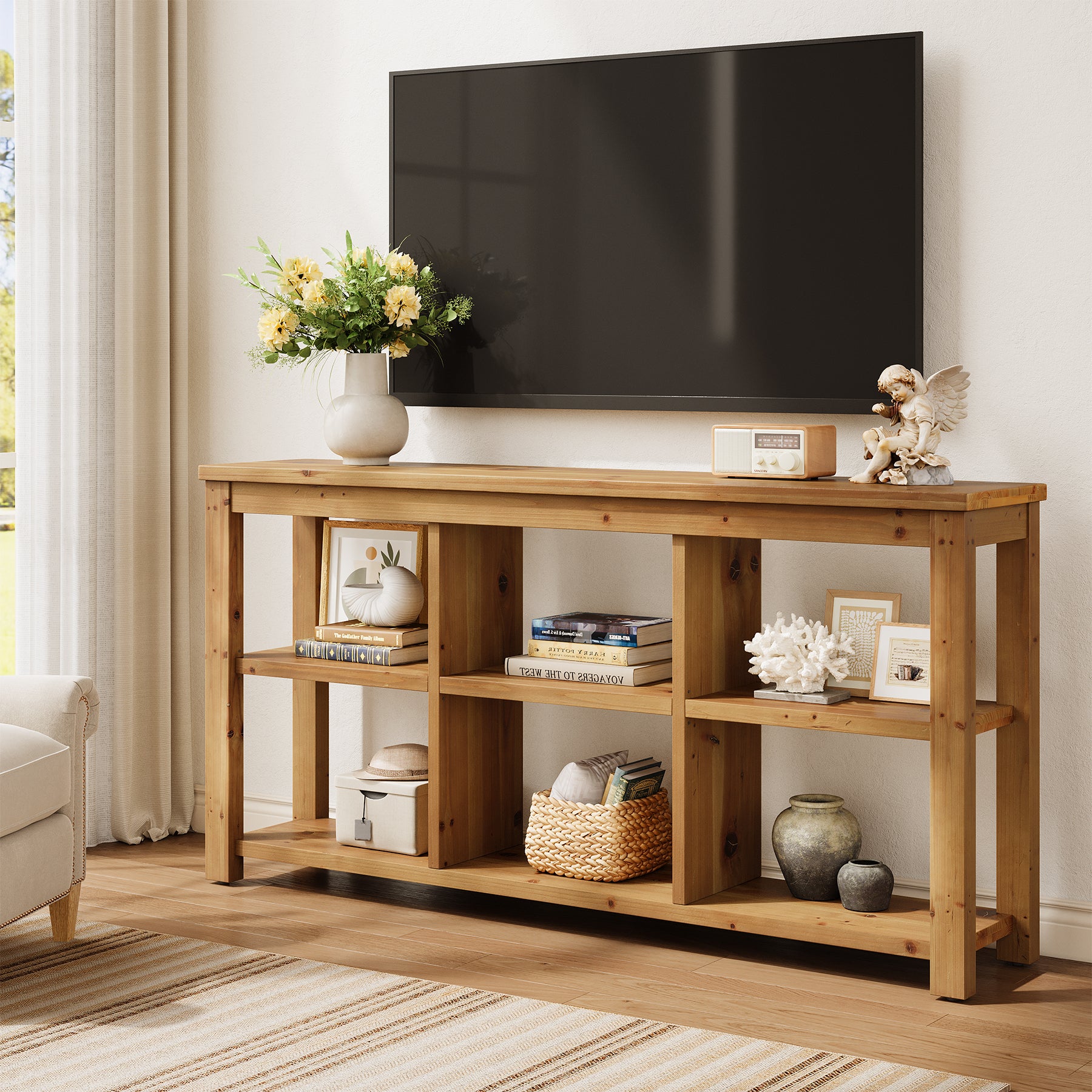 63" Console Table, 3-Tier Solid Wood Sofa Table with 6 Storage Cubes