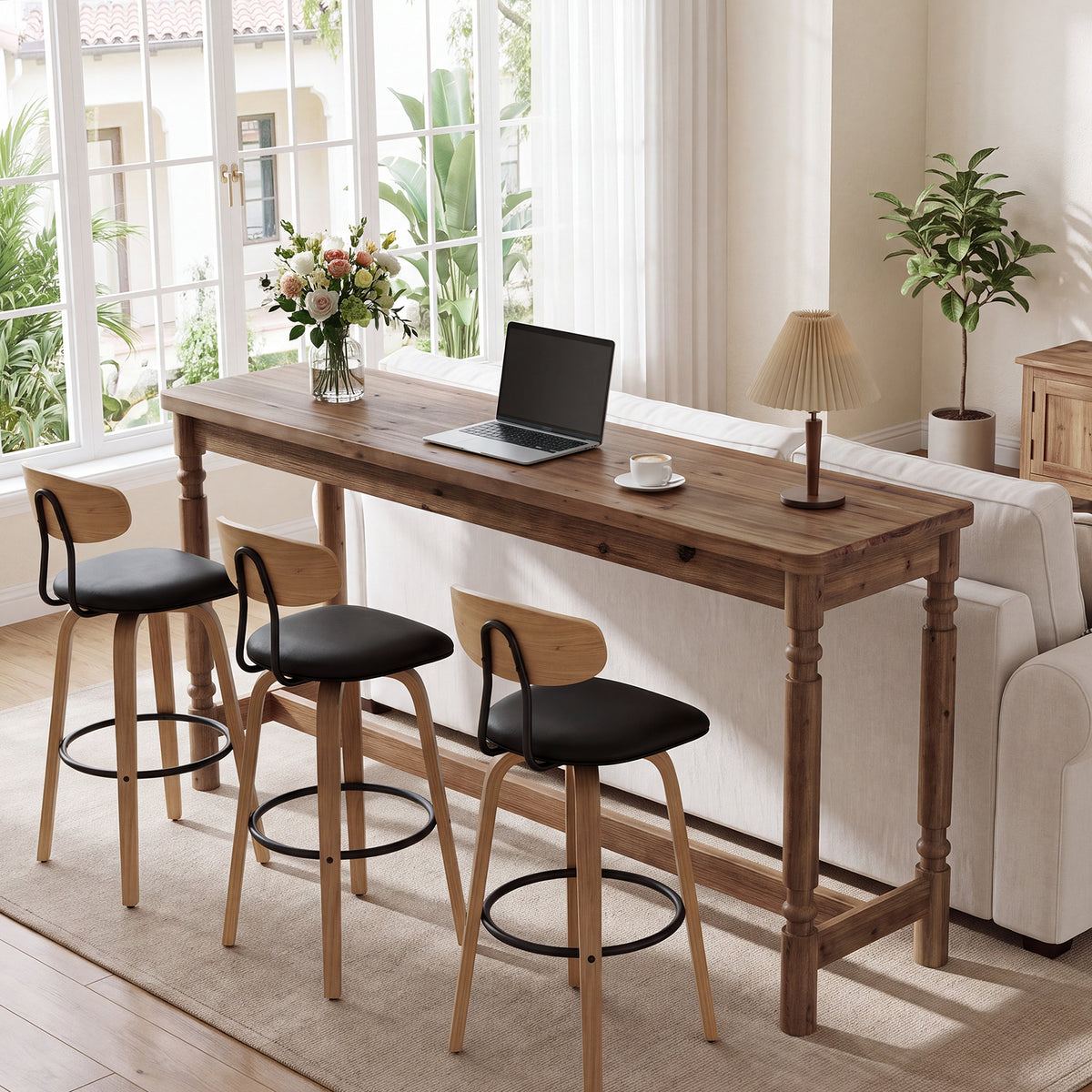63" Solid Wood Bar Table for 4-6 with Footrest, Kitchen & Home Bar Pub Table