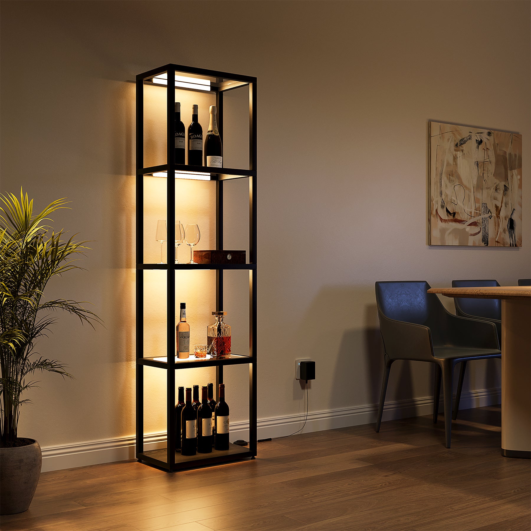 LED Floor Lamp, 4-Tier Bookshelf with Glass Shelves & Light