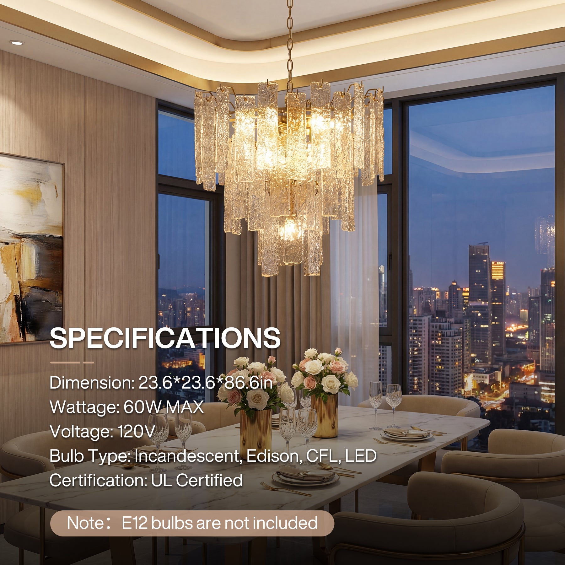 23.6” Modern Chandelier, 10-Light Water Ripple Glass Pendant Ceiling Light