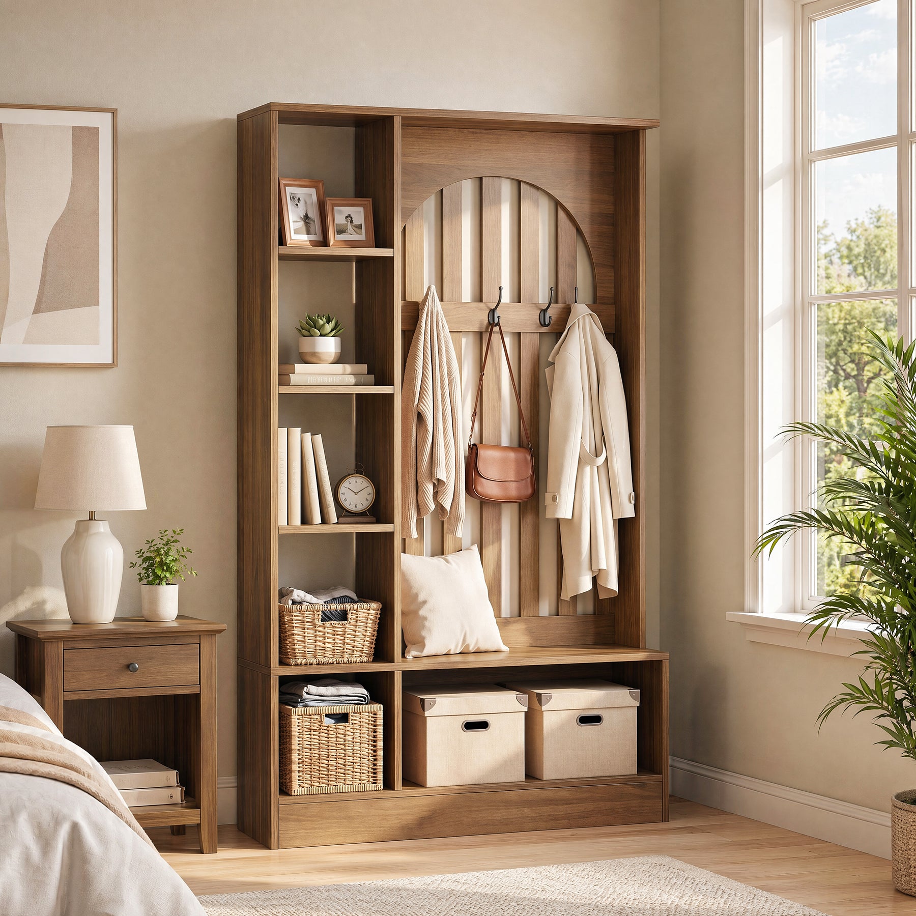 70.9" Freestanding Hall Tree, Furniture Organizer with Bench and Coat Rack