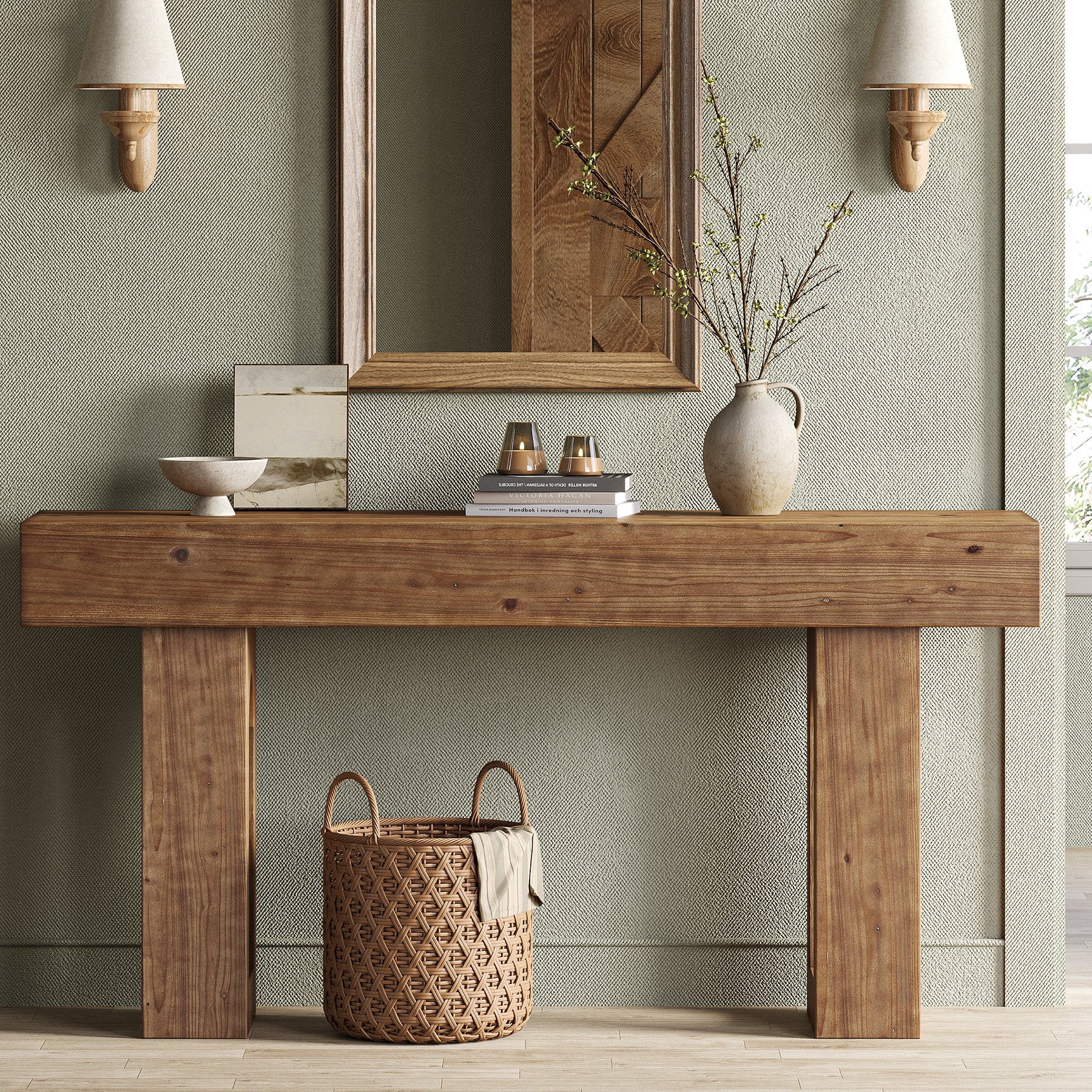 Solid Wood Console Table, 63" Farmhouse Entryway Sofa Table Behind Couch
