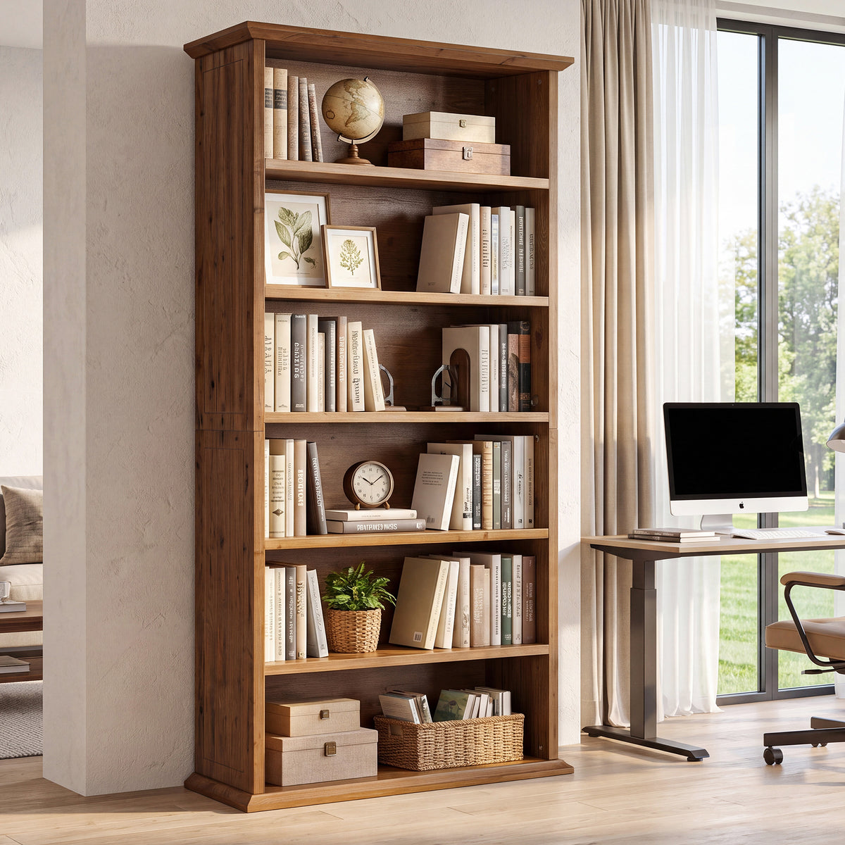 75" Solid Wood Bookshelf, 7-Tier Open Bookcase Display Shelf for Home Office