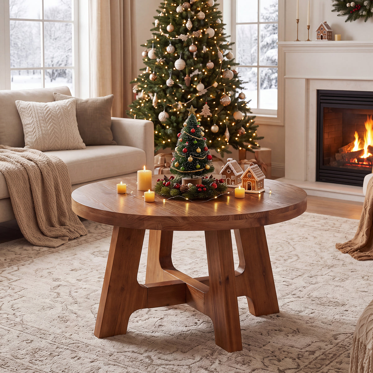 32" Round Solid Wood Coffee Table, Farmhouse 2" Thick Top & Tapered Legs