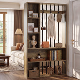 71" Modern Wood Room Divider with Shelves, Coat Hooks & LED Light, Freestanding 3