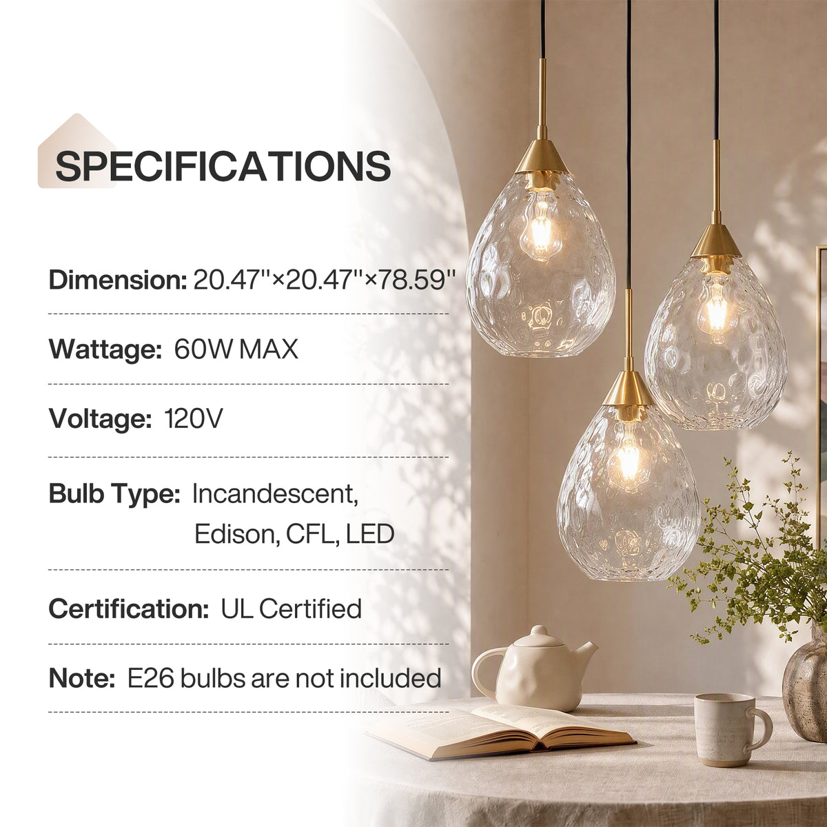 3-Light Pendant Light, Modern Hanging Cluster Ceiling Light Fixture, Adjustable Height