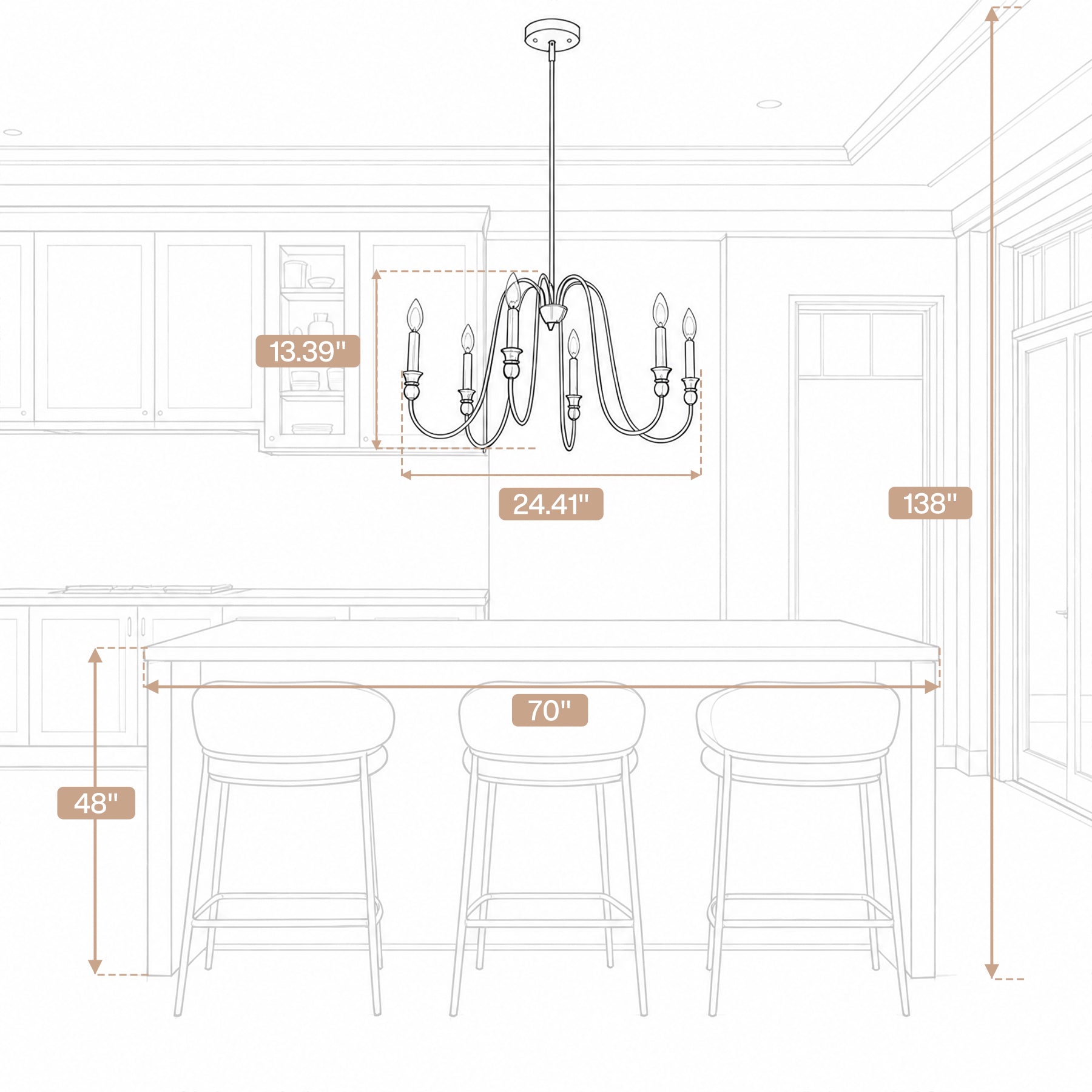 6-Light Chandelier, Modern Adjustable Ceiling Pendant Light Fixture with U-Shaped Arms