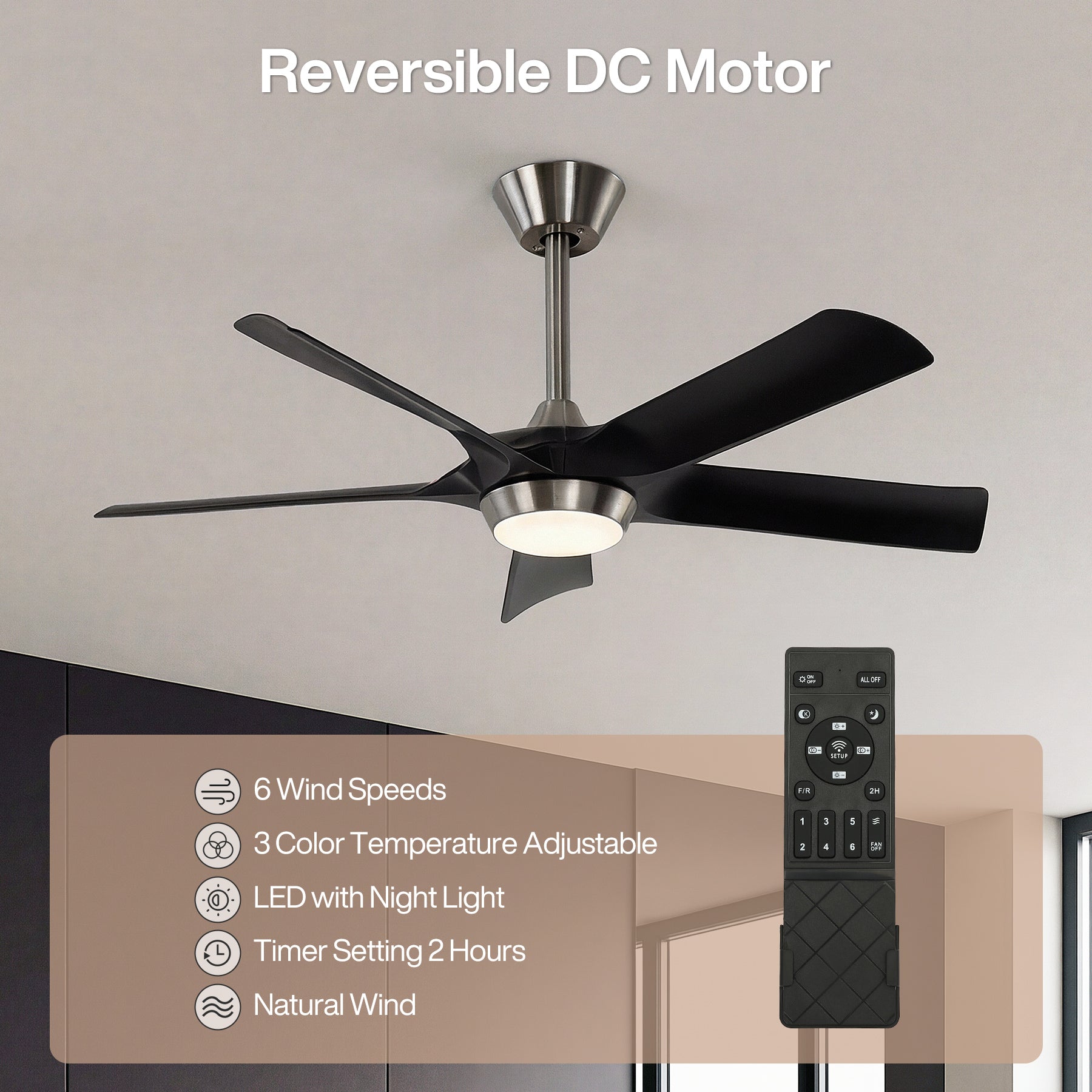 52" Ceiling Fan, Modern 5-Blade Dimmable LED Reversible Fan Light for Living Room