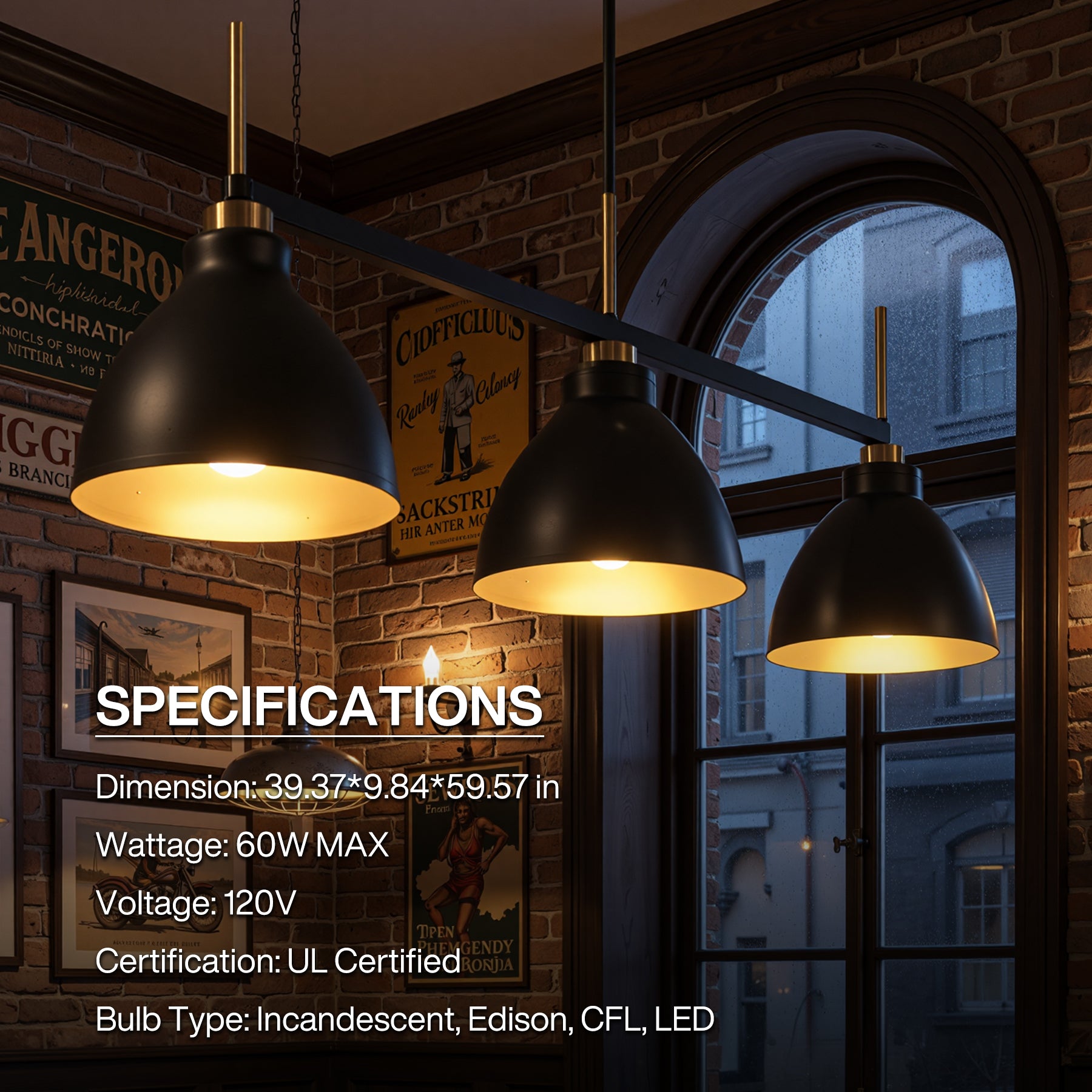 3-Light Linear Pendant Lighting, Kitchen Island Light Fixture with Adjustable Rods