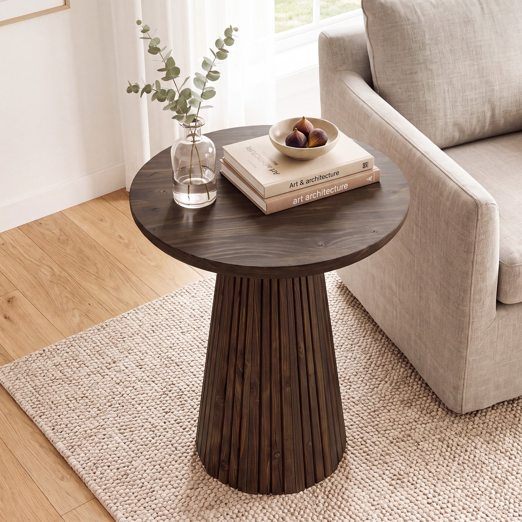19.7" End Table, Solid Wood Round Pedestal Side Table with Fluted Base