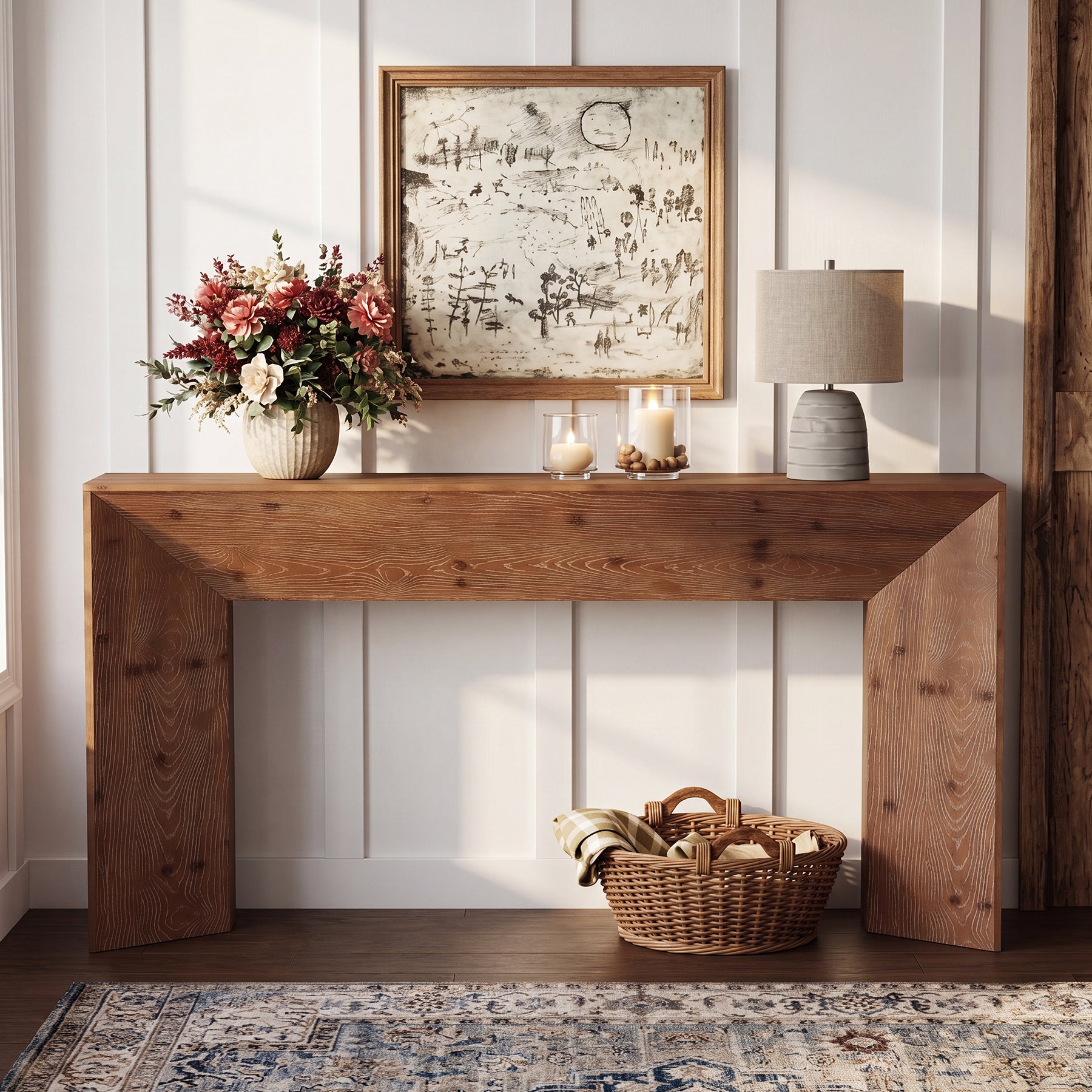 70.9"Solid Wood Console Table, Farmhouse Entryway Table with Hidden Back Storage for Hallway