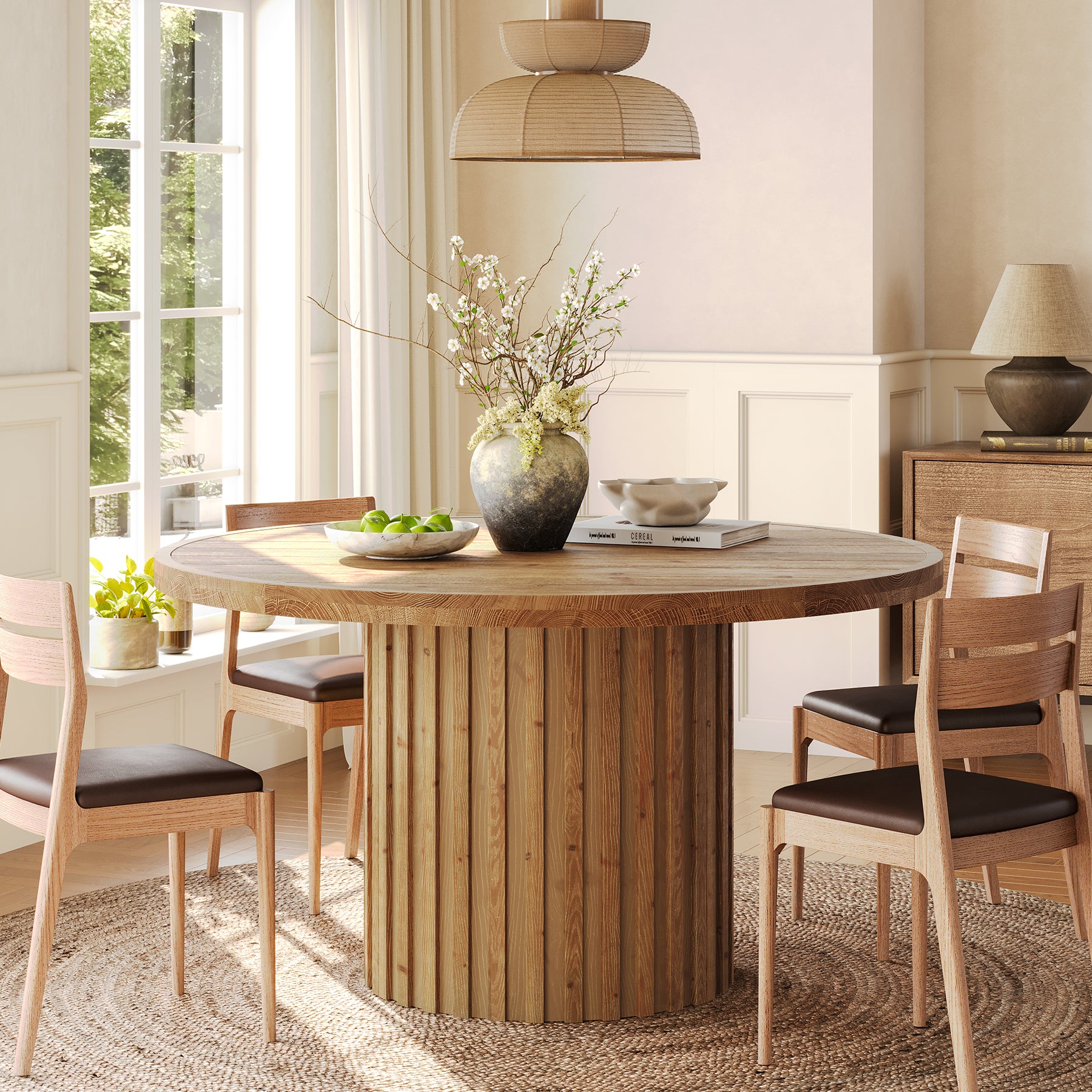 Round Solid Wood Dining Table for 4, 47" Kitchen Table with Fluted Pedestal Base