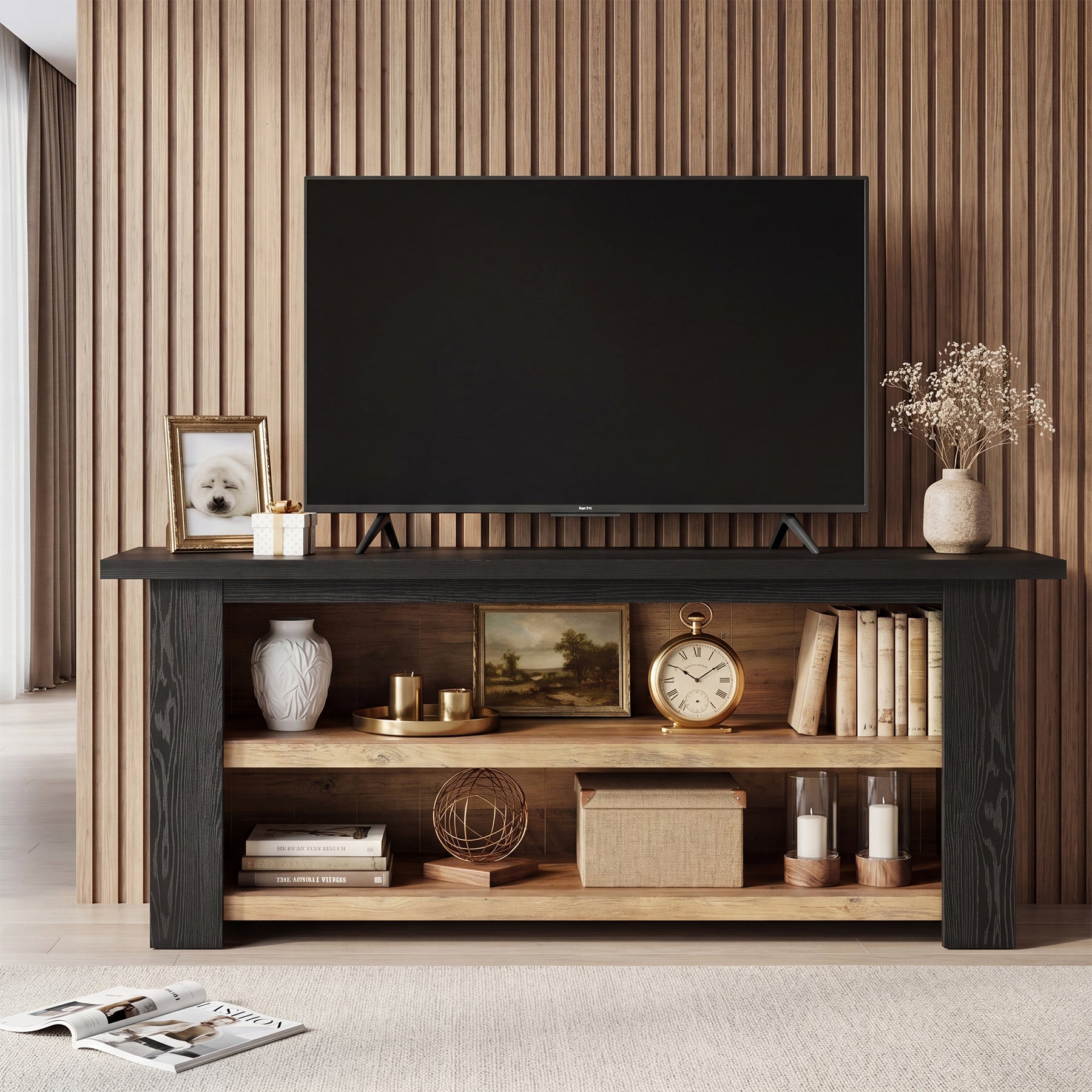 63-Inch Farmhouse TV Stand with X-Shaped Side Panels, Black Entertainment Center for Living Room