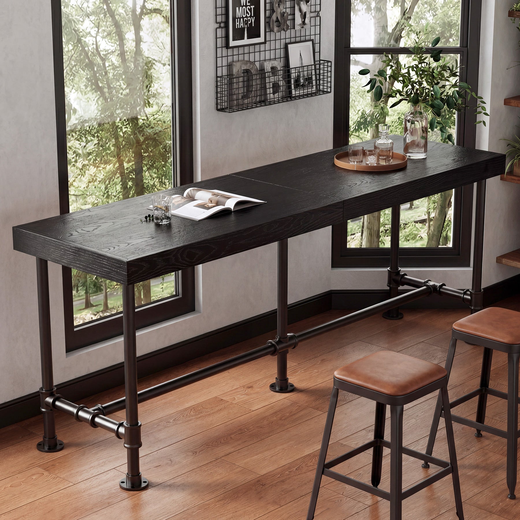 70.87" Solid Wood Bar Table for 6-8 People, Industrial Counter Height Pub Table
