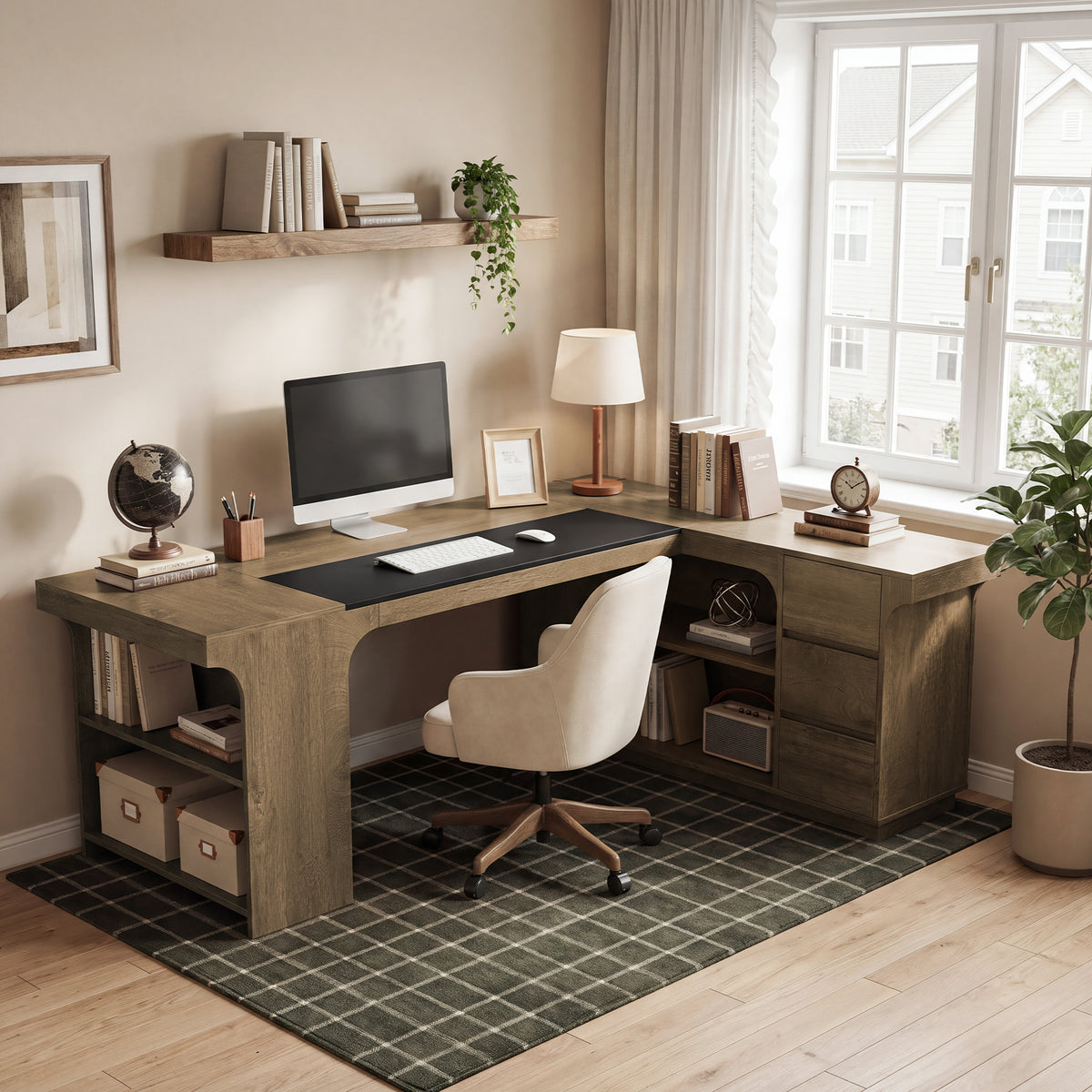 78" L-Shaped Executive Desk, Farmhouse Wood with 3 Drawers & Dual-Side Open Shelves