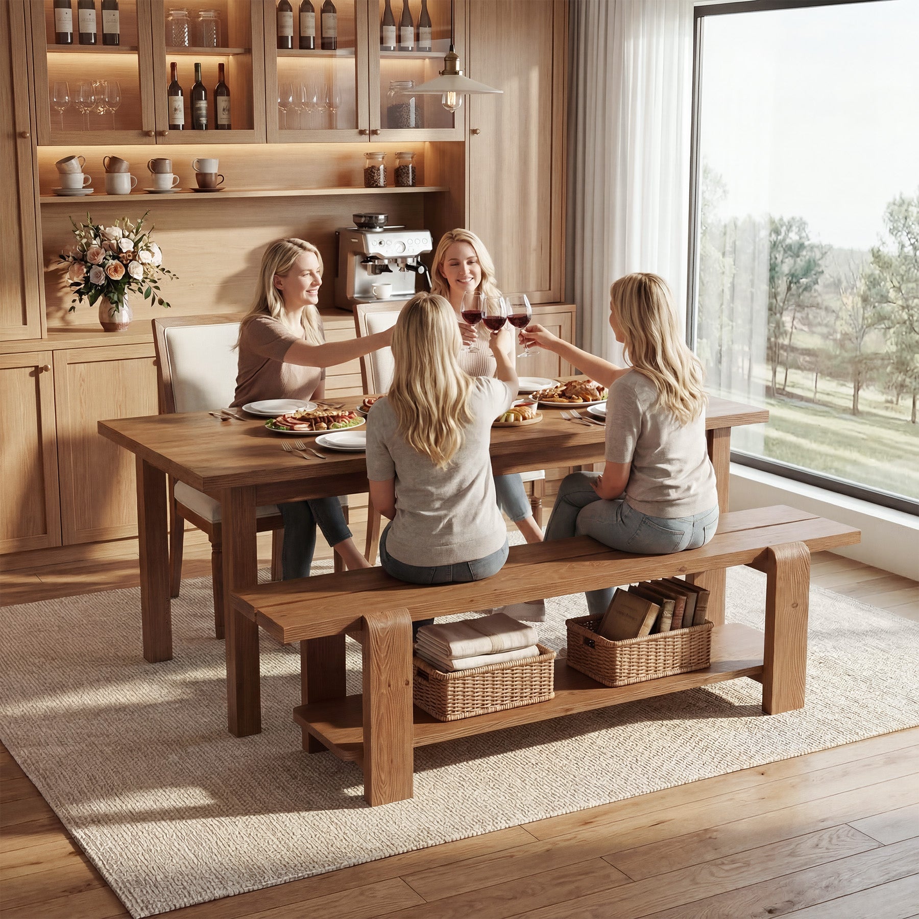 63" Solid Wood Dining Bench, Rustic Kitchen Bench with Storage Shelf