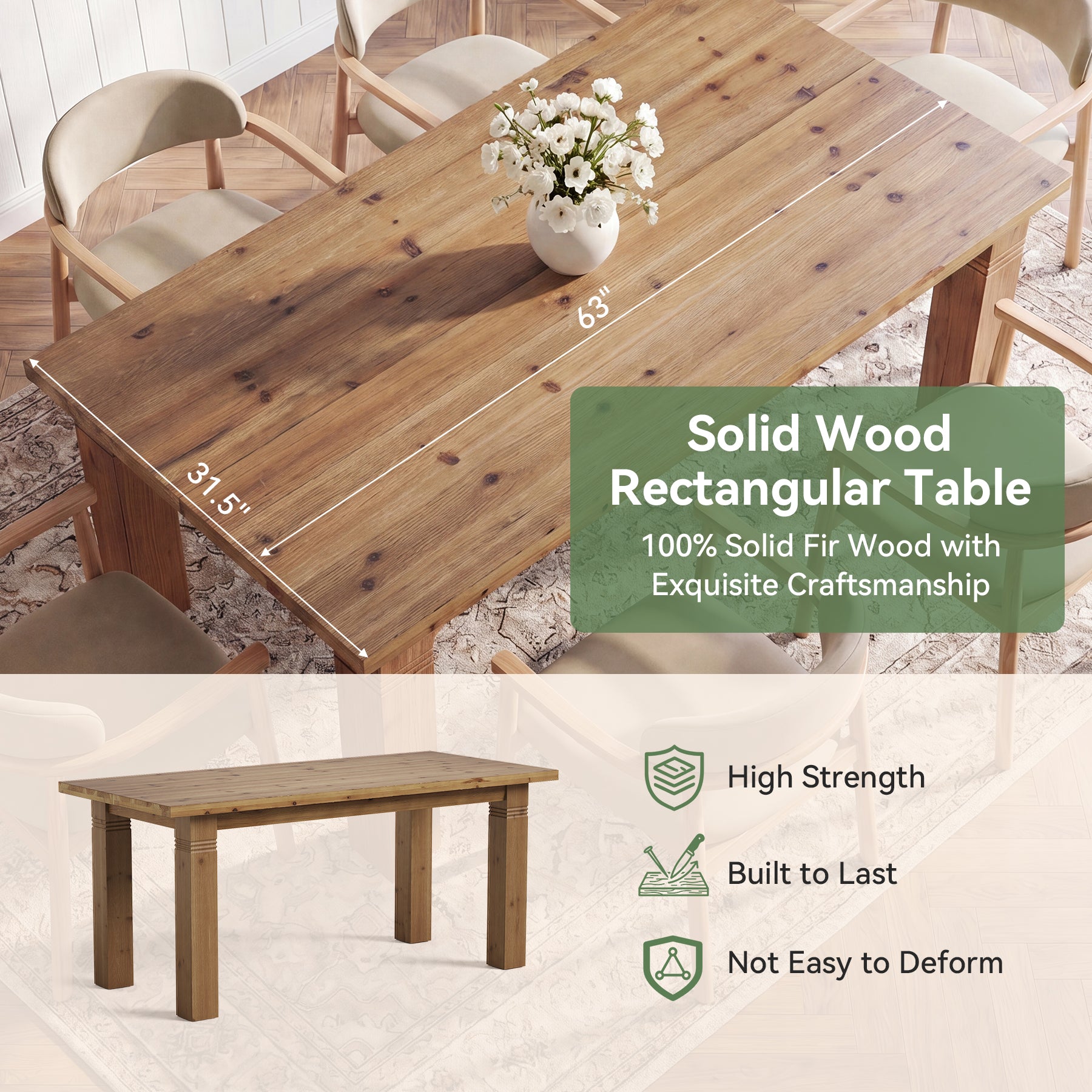 63" Solid Wood Dining Table for 4-6 People, Rectangular Kitchen Tables with Sturdy Legs