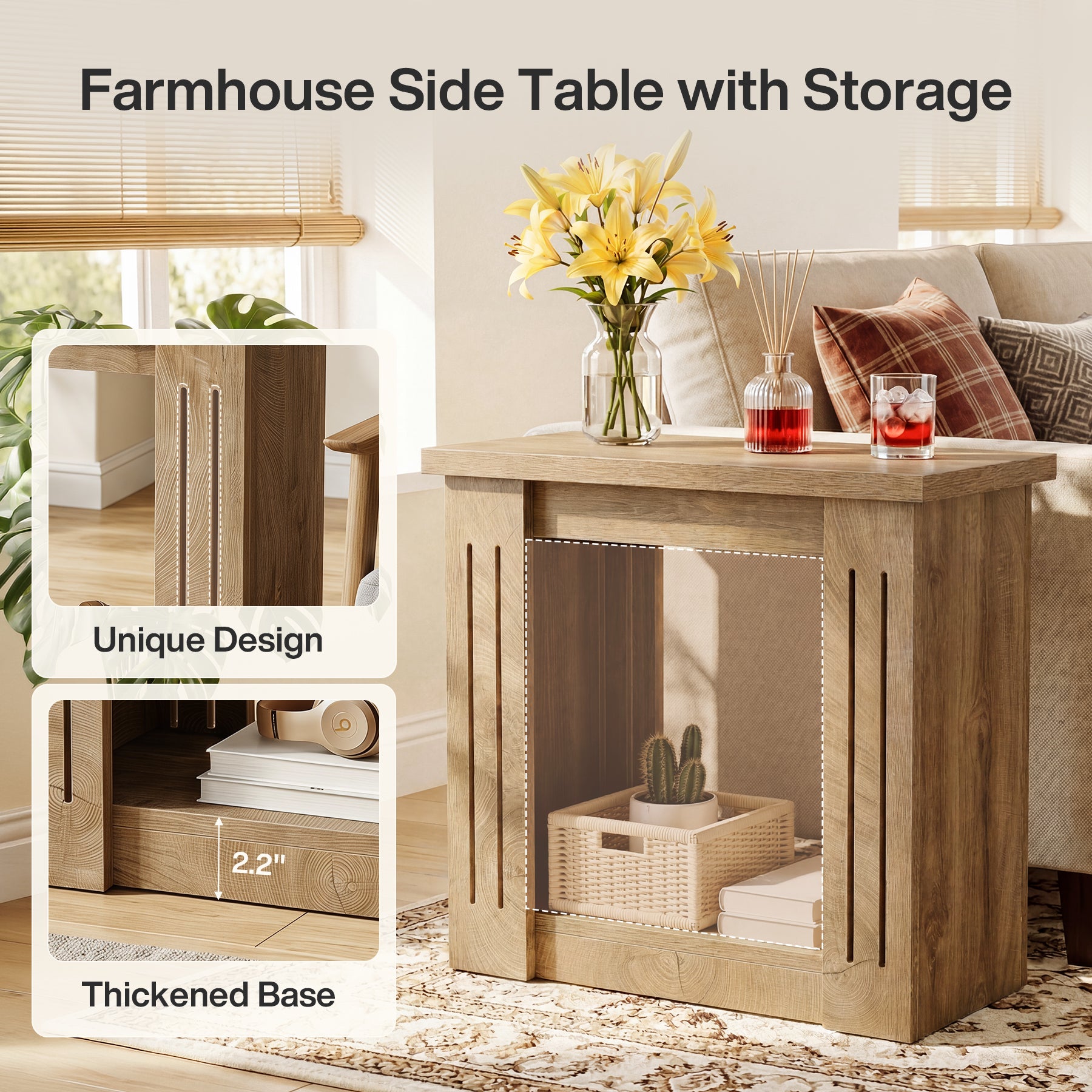 2-Tier Farmhouse End Table, 23.6" Side Table Nightstand with Storage for Living Room