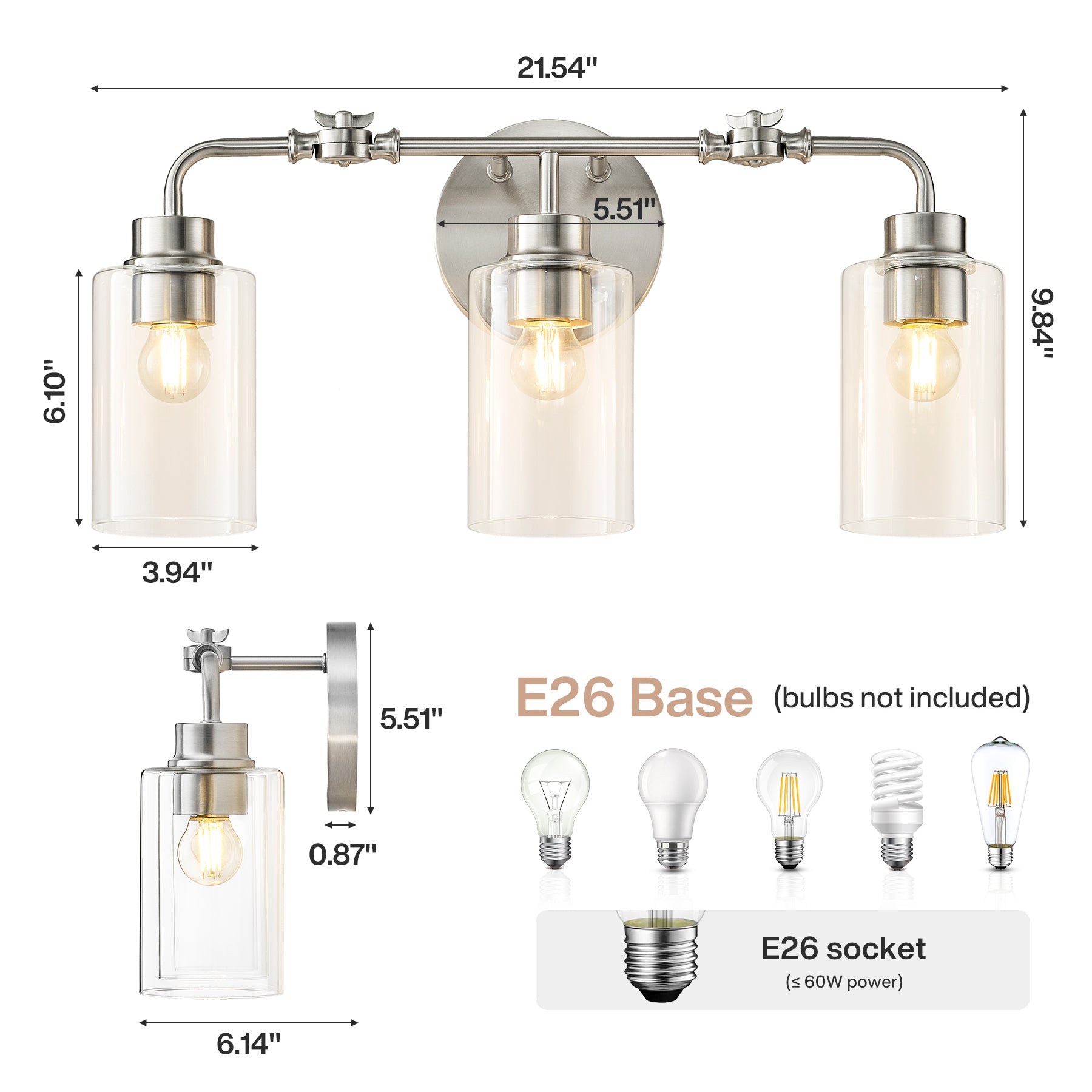 3-Light Bathroom Light Fixture, Modern Vanity Light with Clear Glass Shades