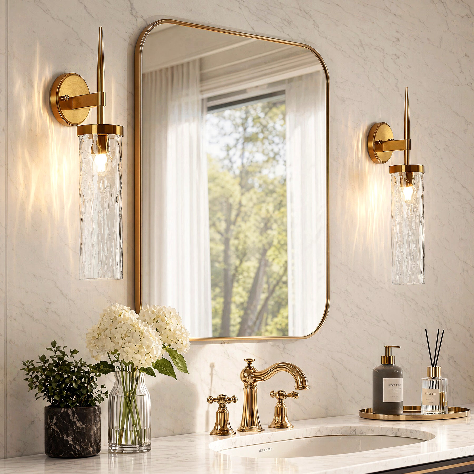21.85" Modern Wall Sconces Set of 2, Bathroom Vanity Light Fixtures with Water Ripple Glass Shade