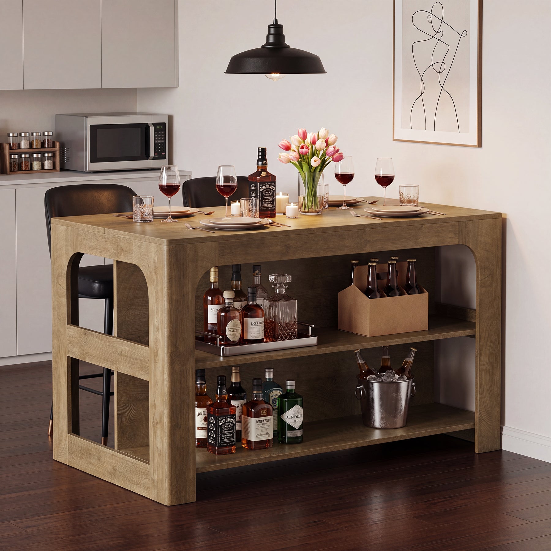 55"  Bar Table Home Bar Unit, 3-Tier Counter Height Pub Table with Storage for Kitchen