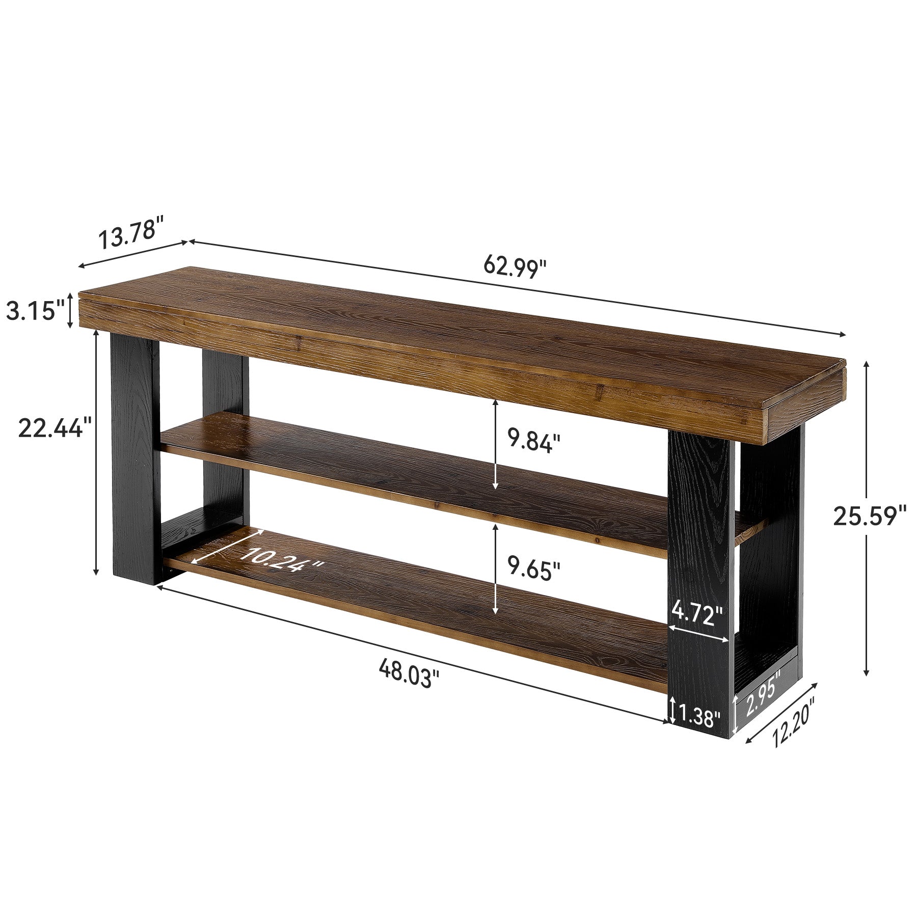 63" Console Table with 3-Tier Storage Shelves, Solid Wood Slim Entryway Sofa Table