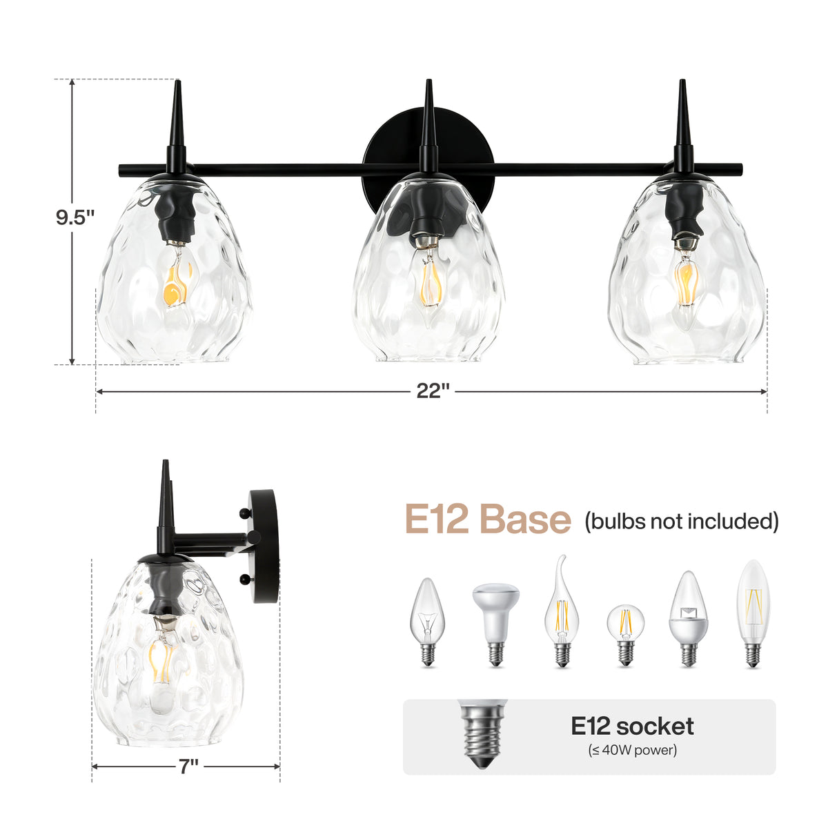 3-Light 22" Bathroom Vanity Light, Matte Black Wall Sconce with Hammered Glass