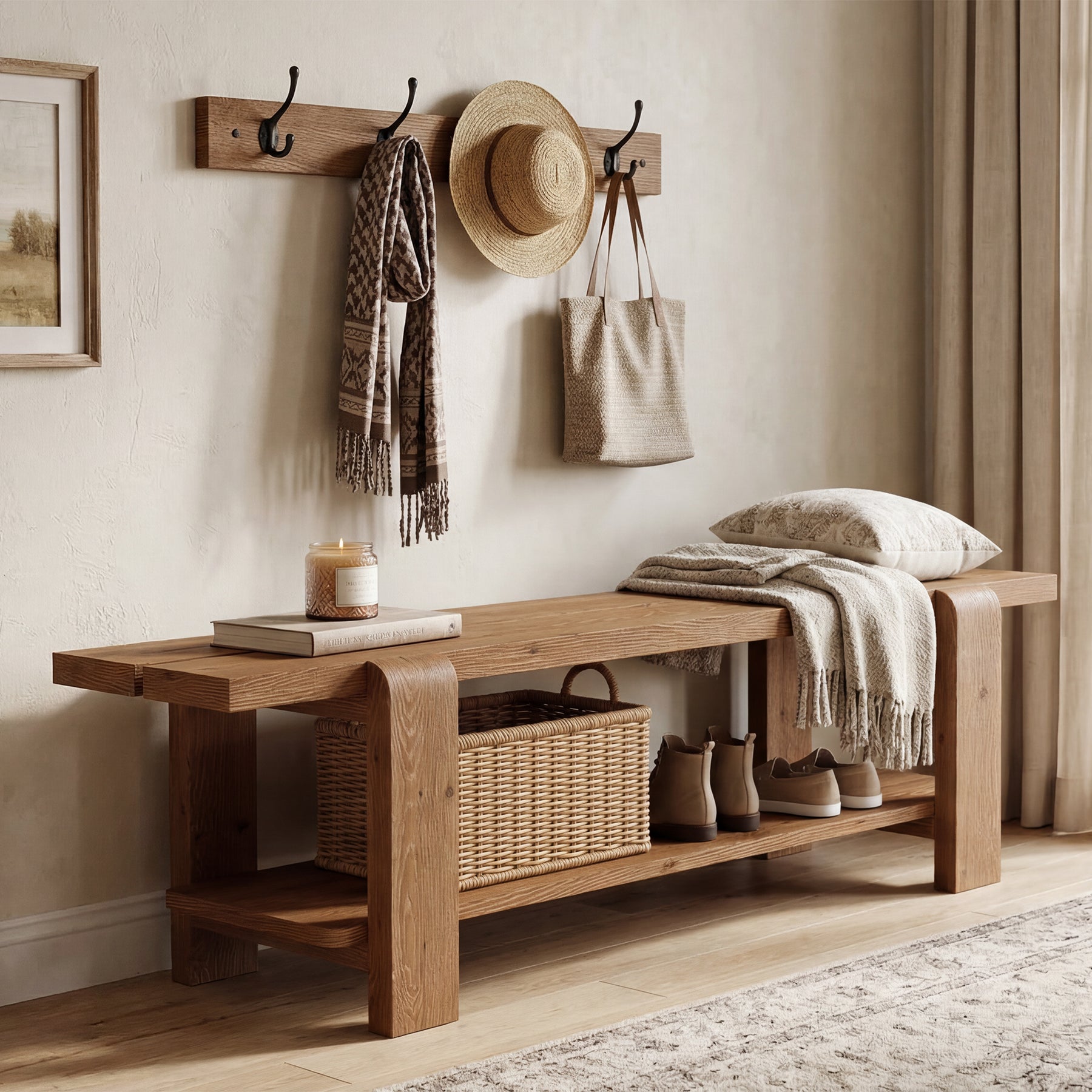 Tribesigns 63" Solid Wood Entryway Bench, Farmhouse Shoe Storage Bench for Hallway