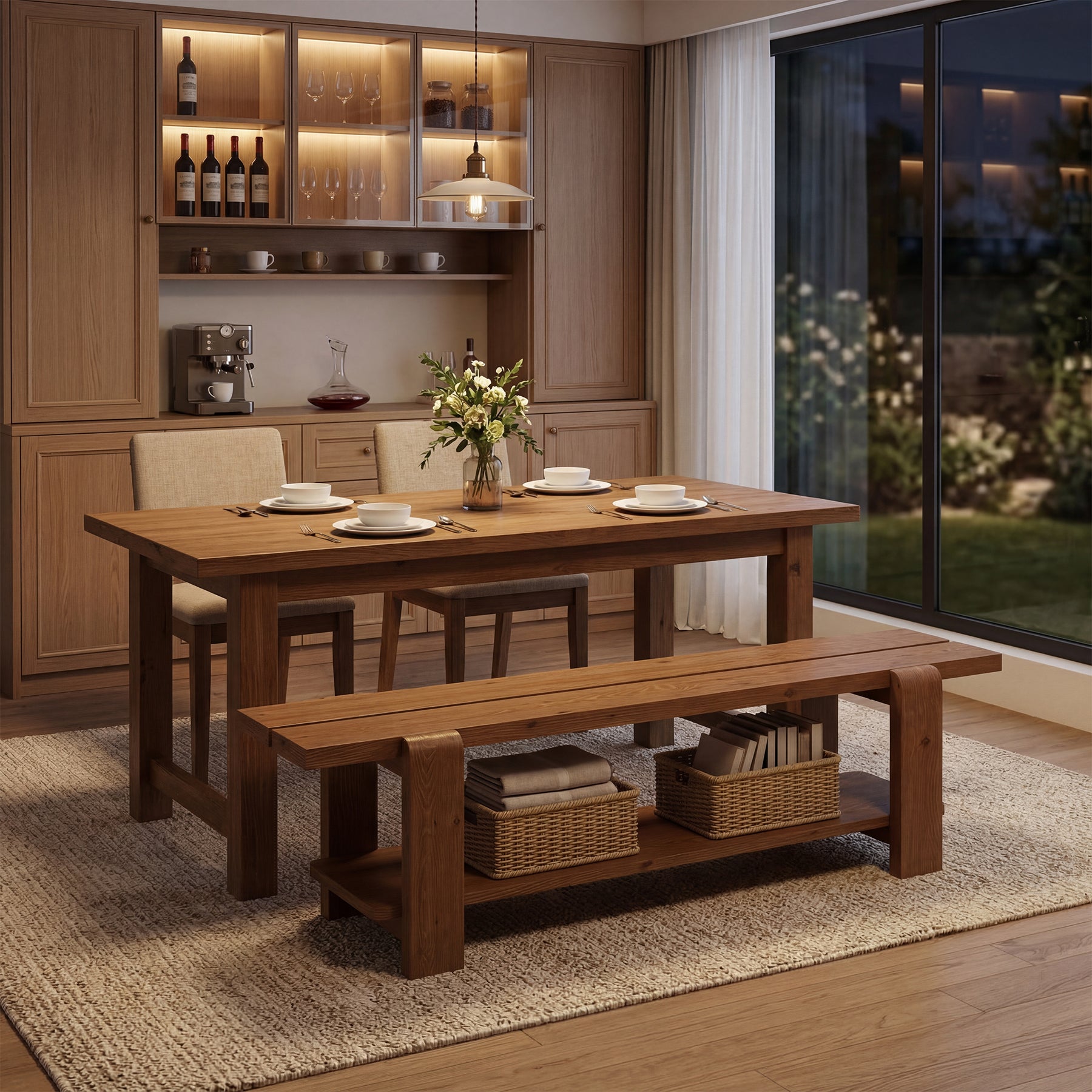 63" Solid Wood Dining Bench, Rustic Kitchen Bench with Storage Shelf