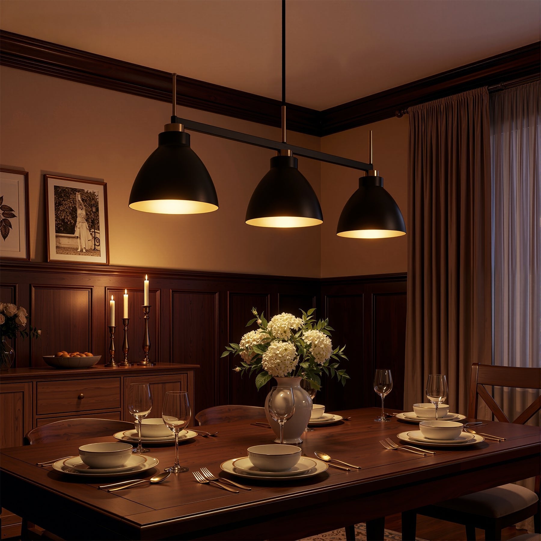 3-Light Linear Pendant Lighting, Kitchen Island Light Fixture with Adjustable Rods