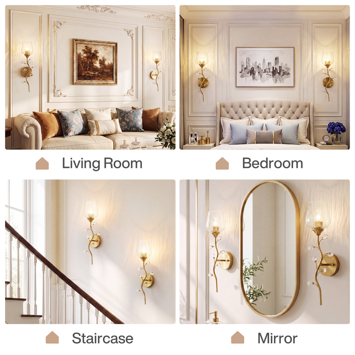 20" Gold Floral Wall Sconce, Crystal Wall Light with Crackle Glass Shade