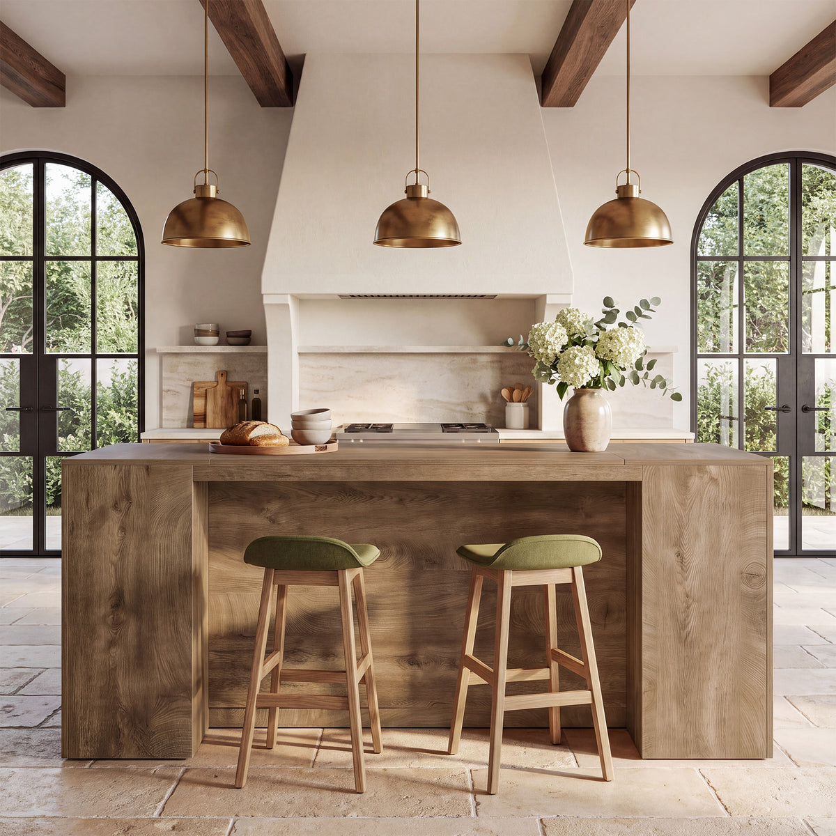 79" Kitchen Island Table with Seating Space, Farmhouse Arched Open Storage Shelves