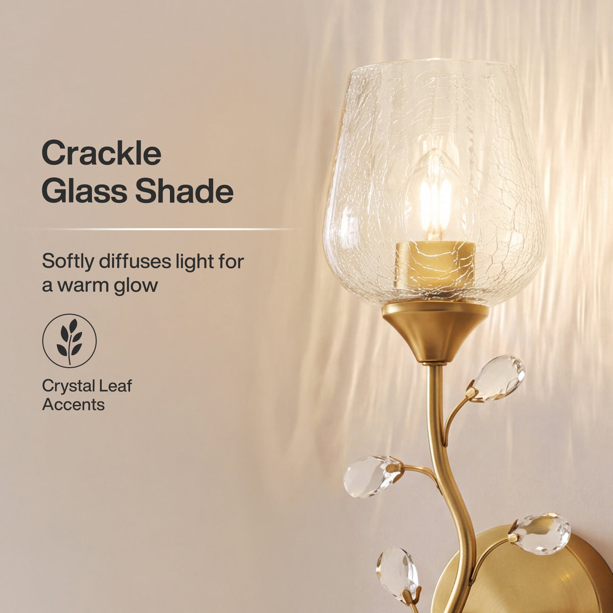 20" Gold Floral Wall Sconce, Crystal Wall Light with Crackle Glass Shade